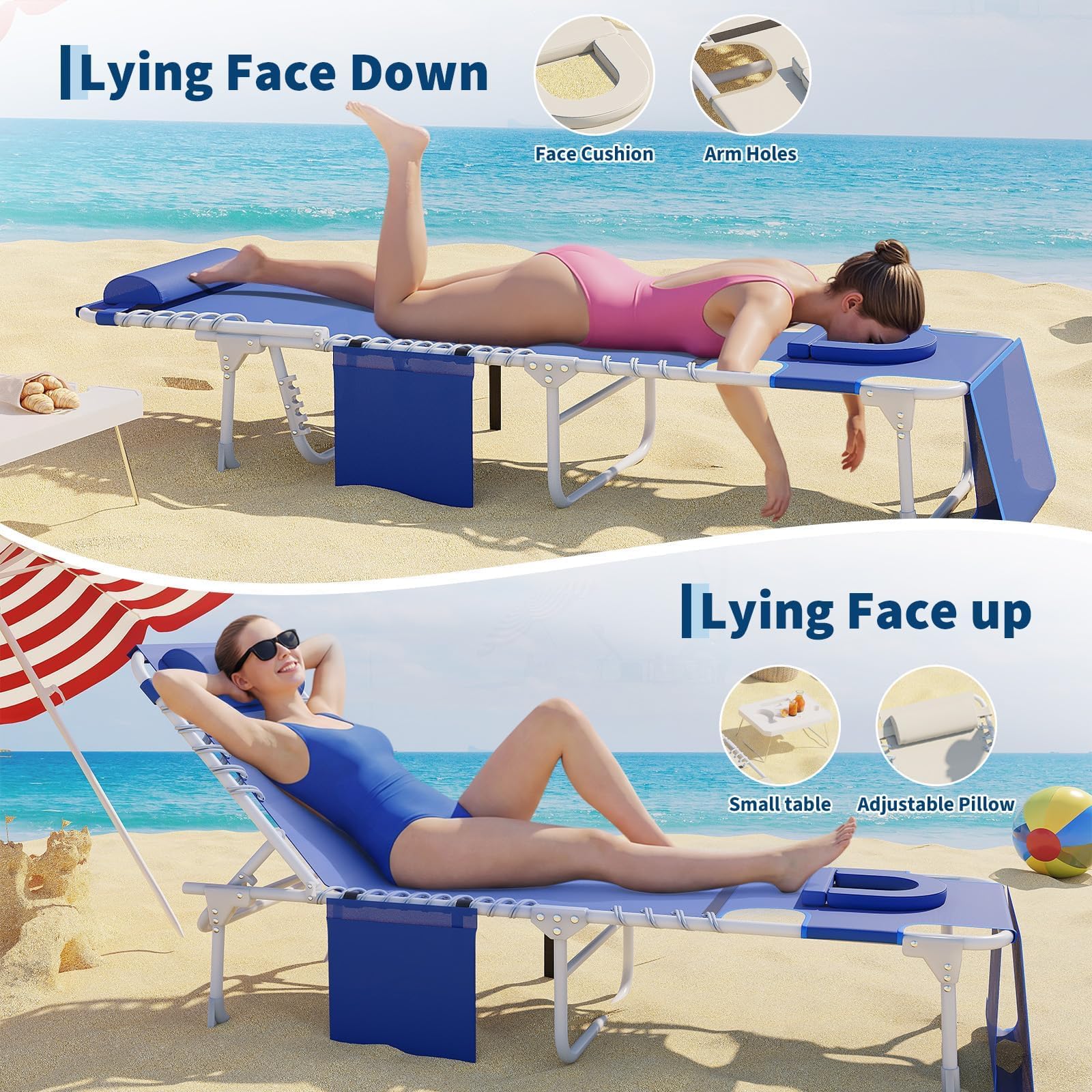 Transat de Plage Pliable avec Trou, Chaise Longue Pliable avec Table Pliante, Bain de Soleil Plage avec Appuie-Tête&Poche pour Jardin, Piscine