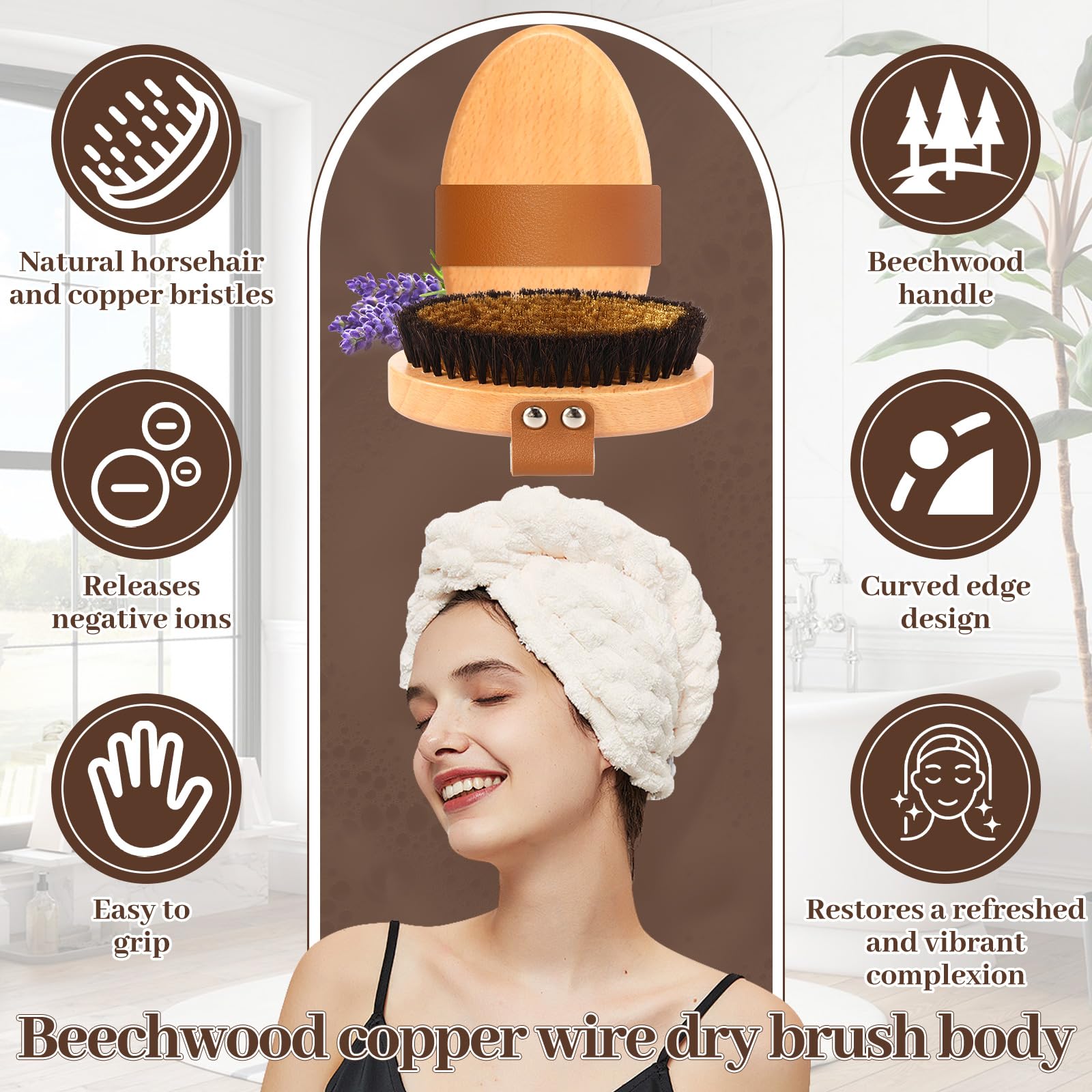 2 cepillos secos, corporal con finos alambres de cobre y cerdas de crin de caballo, cerdas naturales, exfoliante, promueve el drenaje linfático y la regeneración de la piel (2 unidades