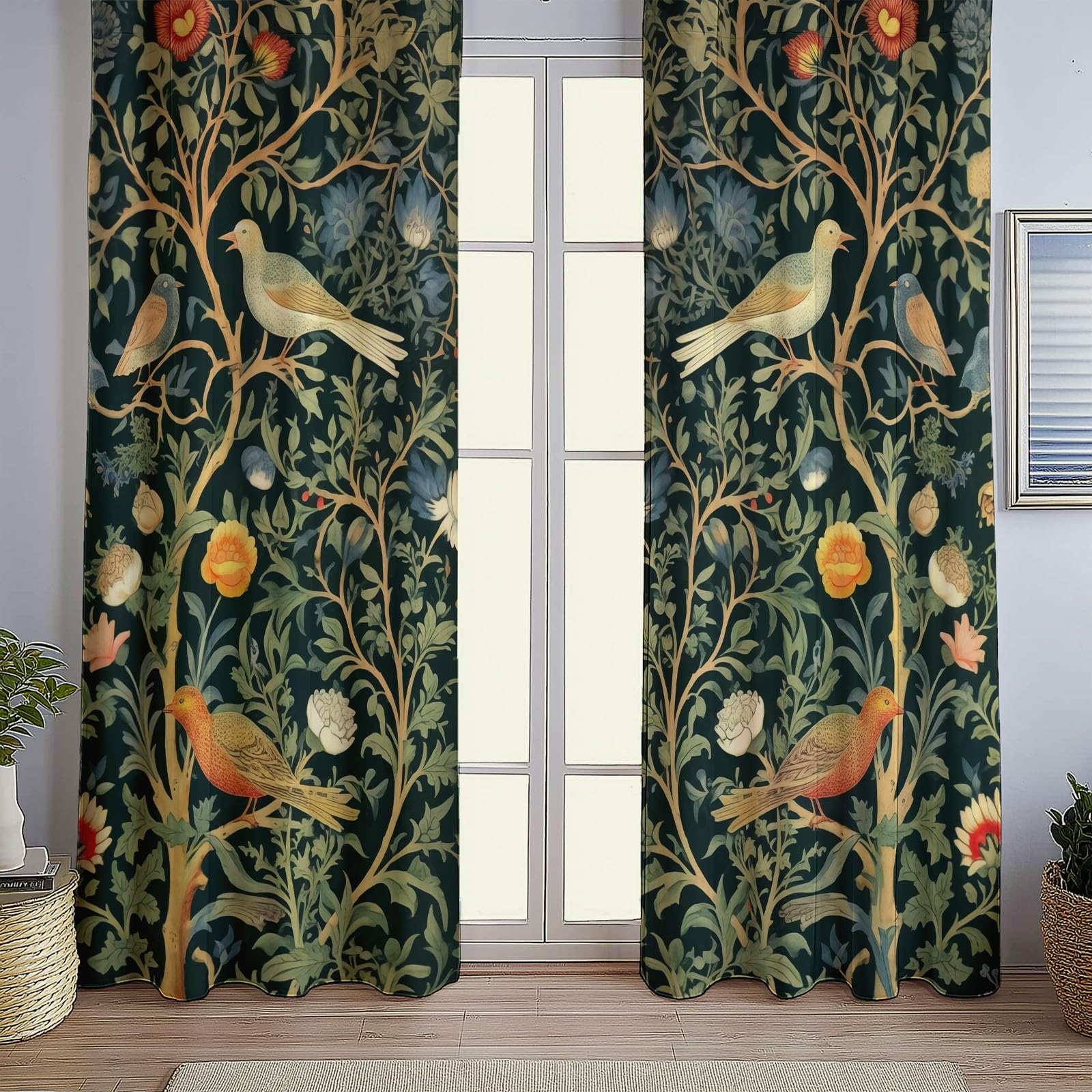 William Morris Fleurs Oiseaux Rideaux à Oeillets 70x240 cm 2 Panneaux Isolant Opaque Vert Foncé Porte-Fenêtre