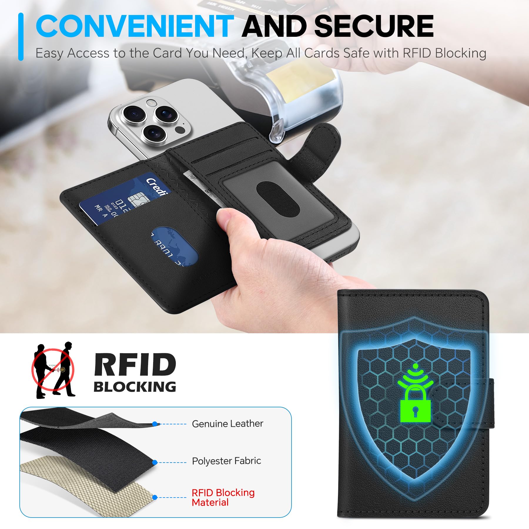 SHIELDON Porta Carte Adesivo Portafoglio Magnetico in Vera Pelle [Blocco RFID] [Slot per Carte] Porta-Carte Adesivi, Portafoglio Leather Phone Wallet per iPhone 16/15/14/13/12 – Nera