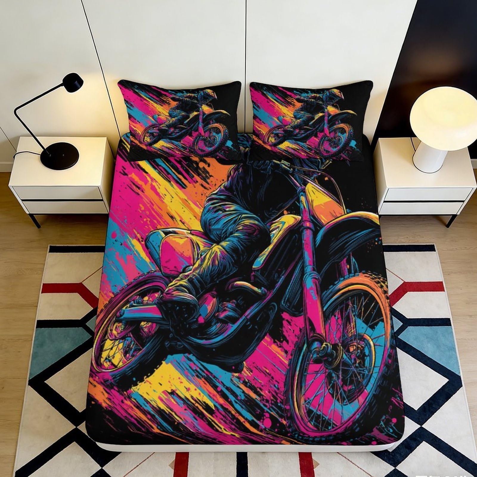 3D Printed Neon Motorbike Fitted Sheet Microfiber Soft Breathable Abstract Art Bed Cover for Bedroom Dormitory Guest Room Mattress Protection Decor 140x200x25cm
