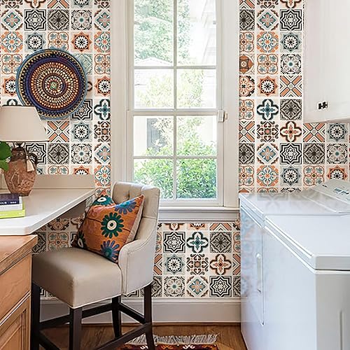 Miniatura 5 de Orainege Papel tapiz bohemio para despegar y pegar, azulejos bohemios, papel de contacto de 16 x 393.7 pulgadas, papel tapiz bohemio extraíble para