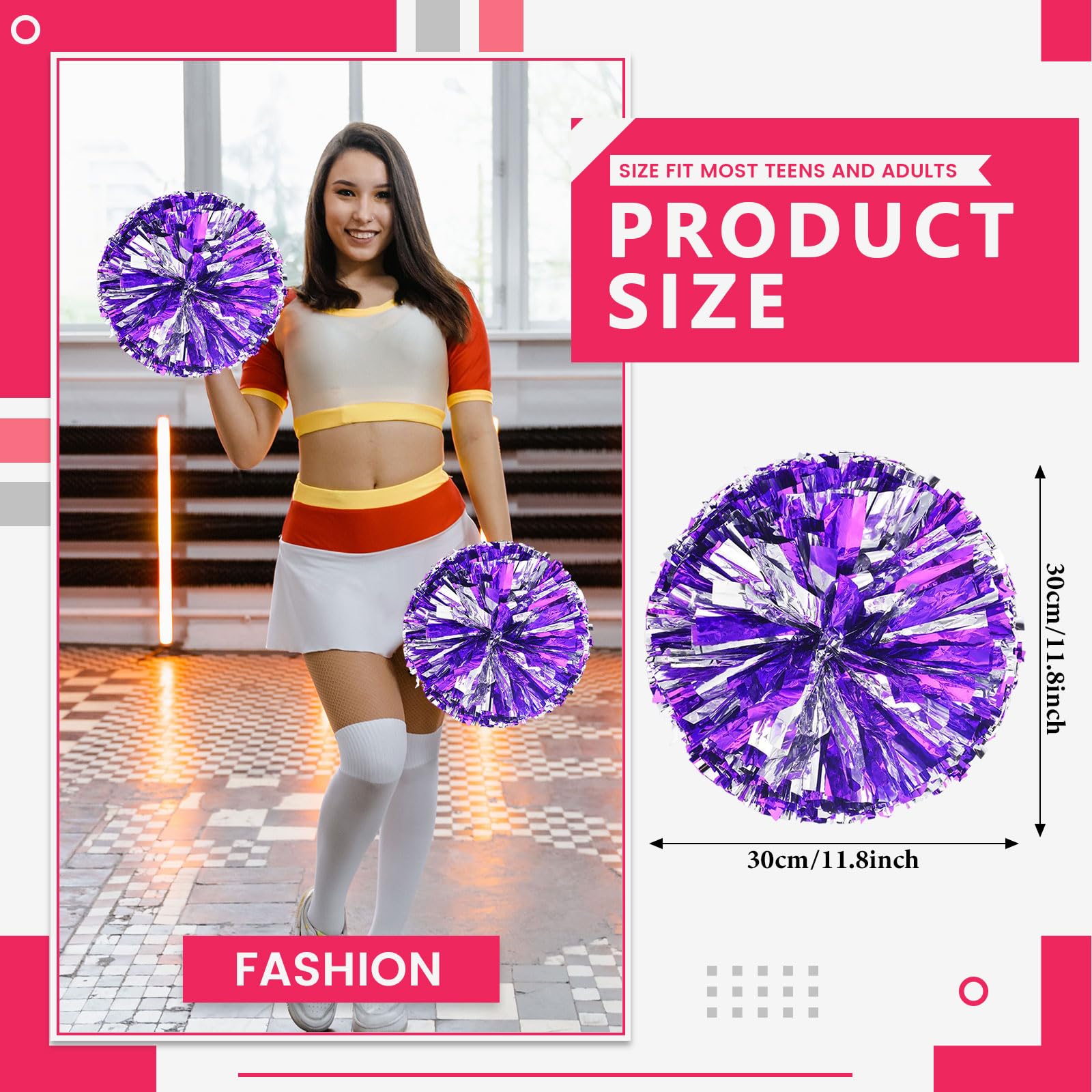 Pompony cheerleaderek, 26 szt. z prostym uchwytem, ręczne pompony drużynowe do drużyny sportowej, cheerleaderek, na imprezę taneczną dla dorosłych (fioletowe + srebrne)
