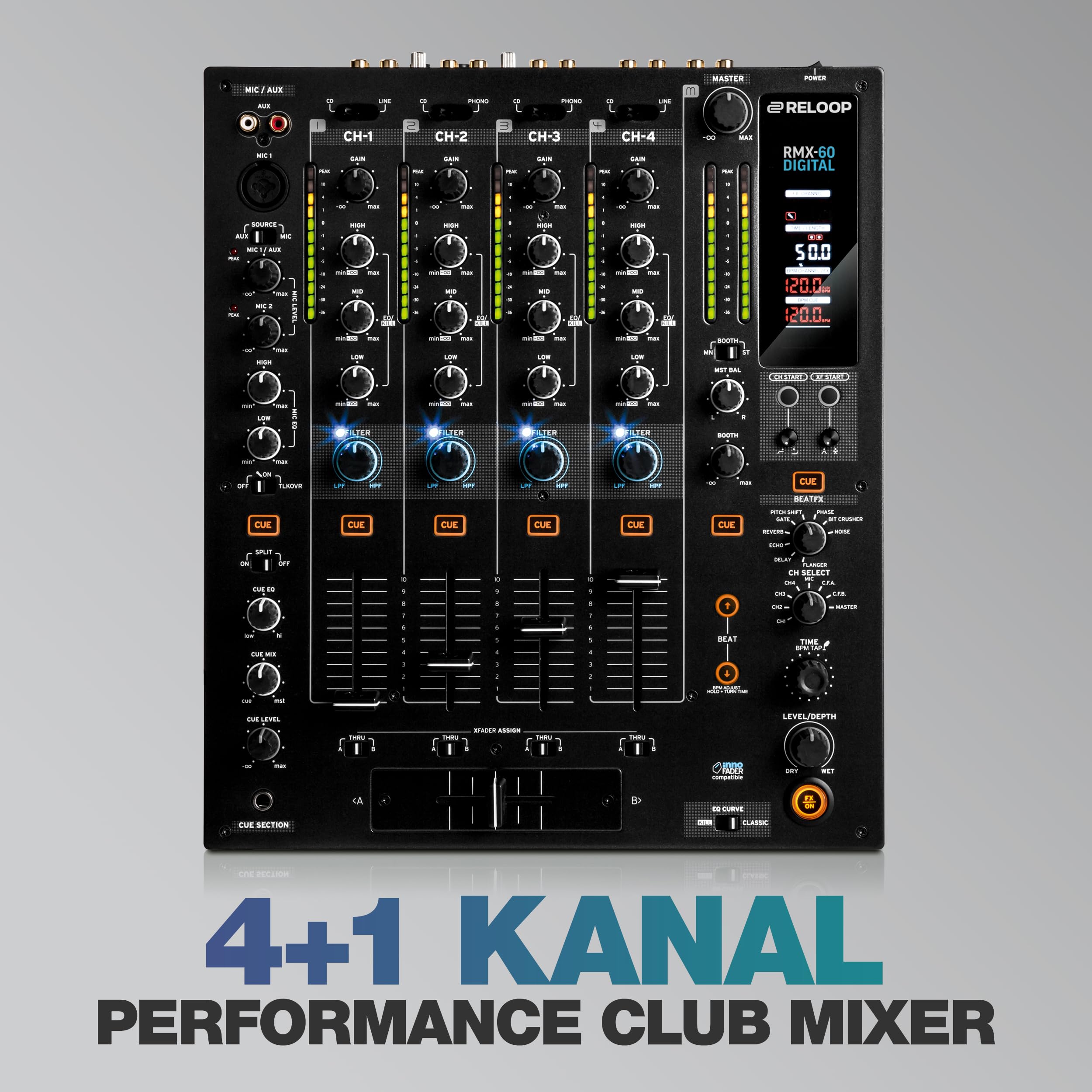 Reloop RMX-60 Digital - Klassischer 4+1 Kanal Performance Club DJ Mixer, 9 High-Quality Performance-Effekte in Studioqualität, 11 Inputs, 6 Outputs, Bipolarer Filter