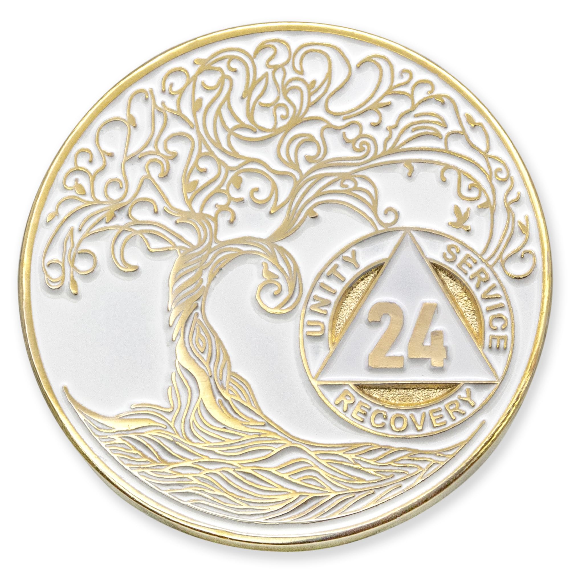 1 to 50 Year Twisted Tree of Life Sobriety Coin - Gold Plated AA Chips &amp; Medallions - 24 Year Sobriety Coin - White