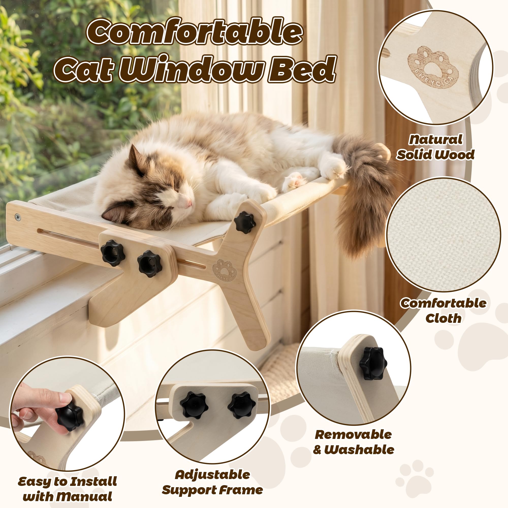 Katzen Fensterbett - Heizkörper Katzenbett Fenster Hängematte Katzenliege mit verstellbaren Haken freistehend Holz Katzen Sofa für Katze kleine Hunde bis 18kg Fensterbank Bett Schublade