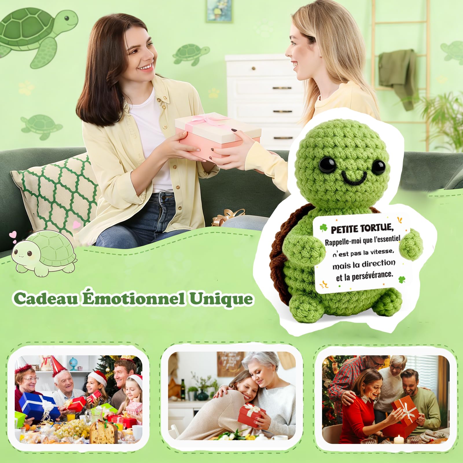 Tortue Positive en Crochet, Poupée Peluche et Câlin de Poche Porte-Clés - Cadeau Meilleure Amie, Cadeau Femme Homme avec Un Message Positif pour Anniversaire, Noël, Décoration Maison - 4