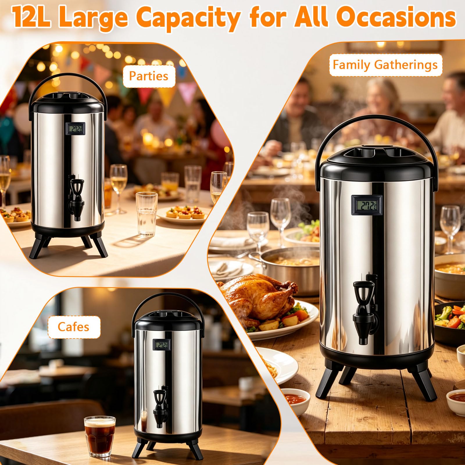 Isolierter Edelstahl-Eimer mit Zapfhahn, 12 l/3,2 Gallonen, Heiß- und Kaltgetränkespender mit Temperaturanzeige für heiße und kalte Getränke, ideal für Partys, Büro und Catering