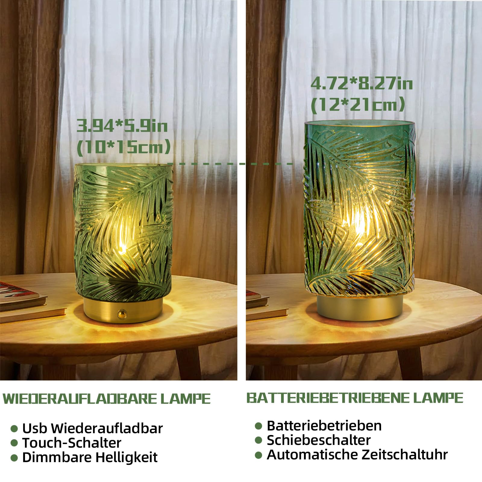 MJ PREMIER Wiederaufladbare Tischlampe Kabellose, Akku LED Tischleuchte mit Touch-Schalter, Dimmbare Tischlampe aus Glas, Dekorative USB Aufladbar Lampe, Notlampe für Stromausfall, (Grün, Mini)