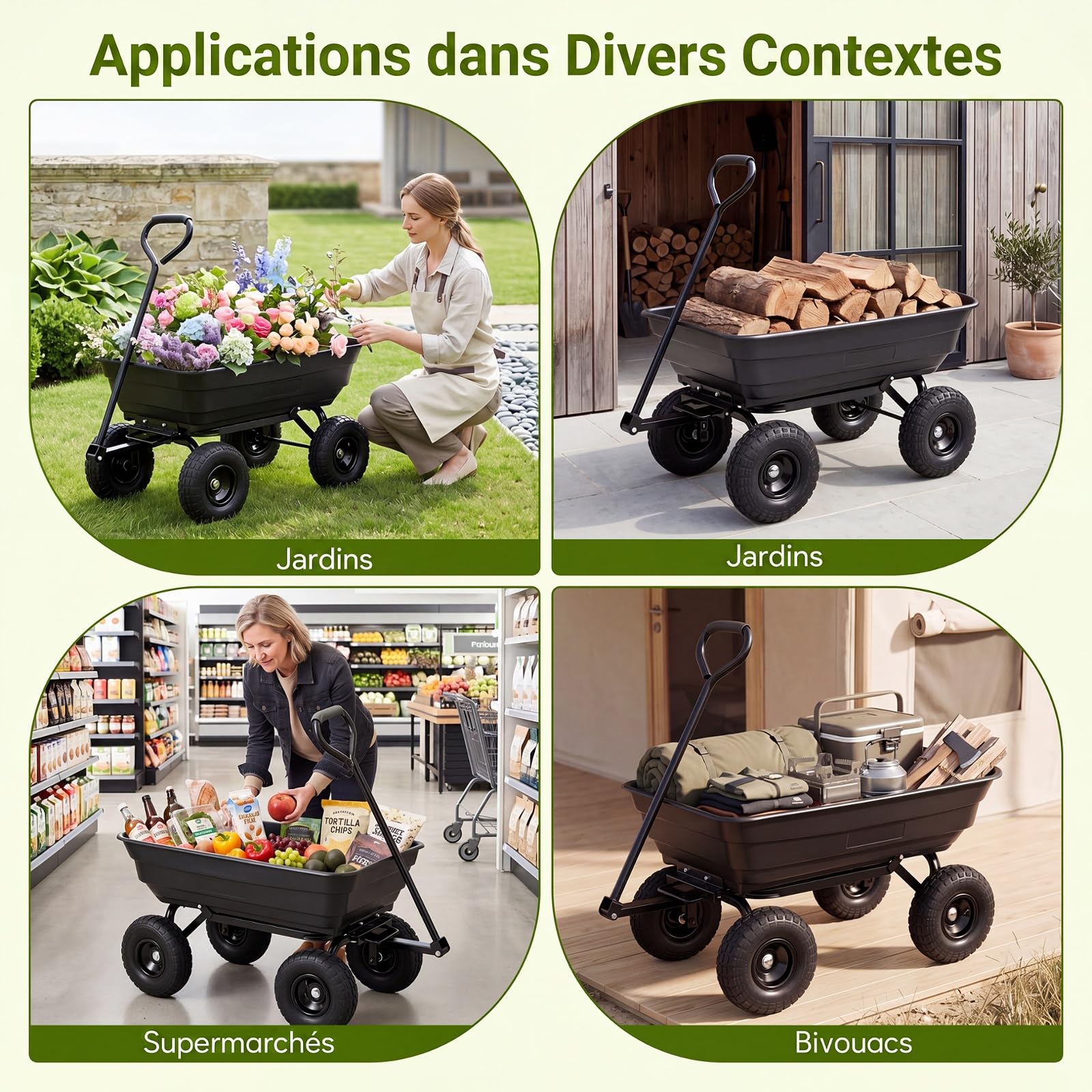 COSTWAY Chariot de Jardin avec Benne Basculante 75 L, Brouette de Transport avec Poignée Réglable 4 Grandes Roues Tout-Terrain Cadre Métallique, Charge 300 kg, pour Terrasse Camping Shopping