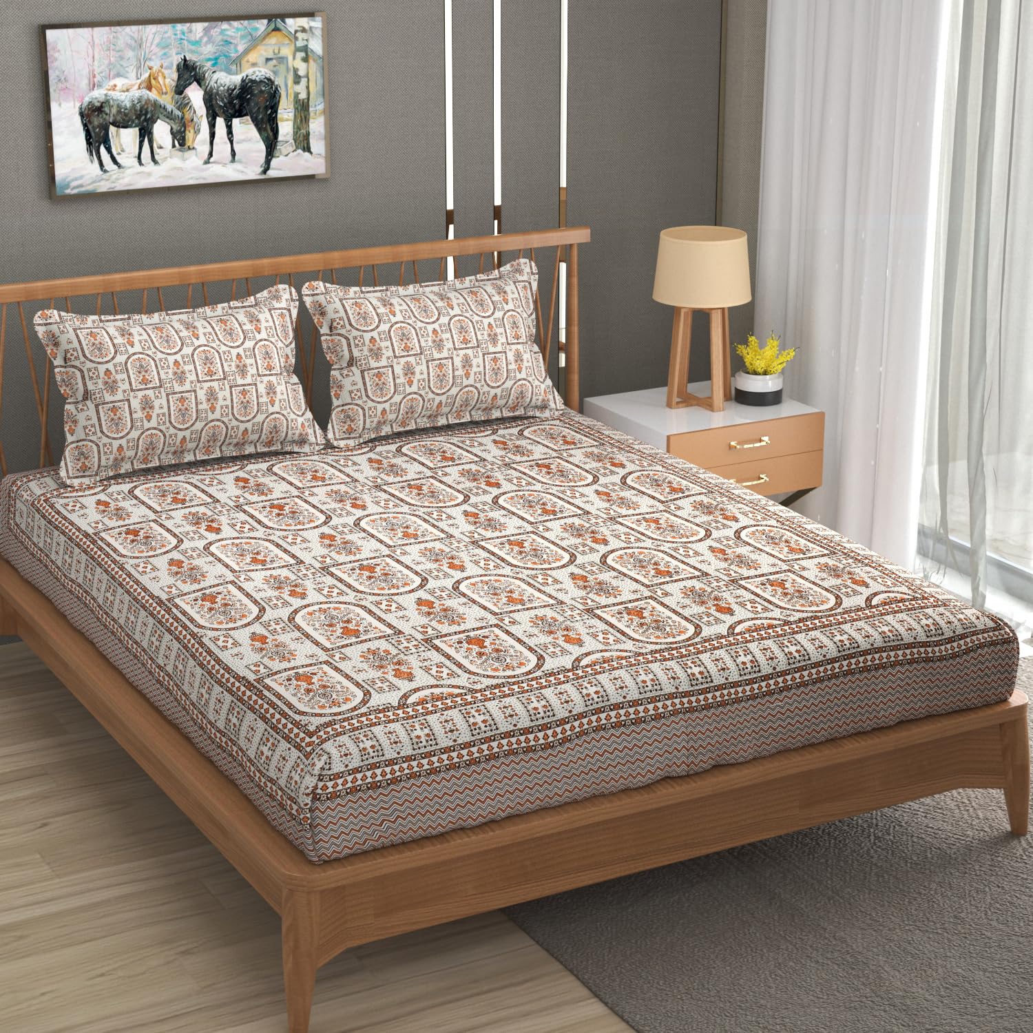 REALDREAM® Glace Cotton Elastic Fitted bedsheets King Size, Elastic bedsheets for Double Bed, Double bedsheet with 2 Pillow Cover (72 x 78 x 7 Inches) (Boxes-Brown) (B0D8PTVQYN) Amazon Price History, Amazon Price Tracker