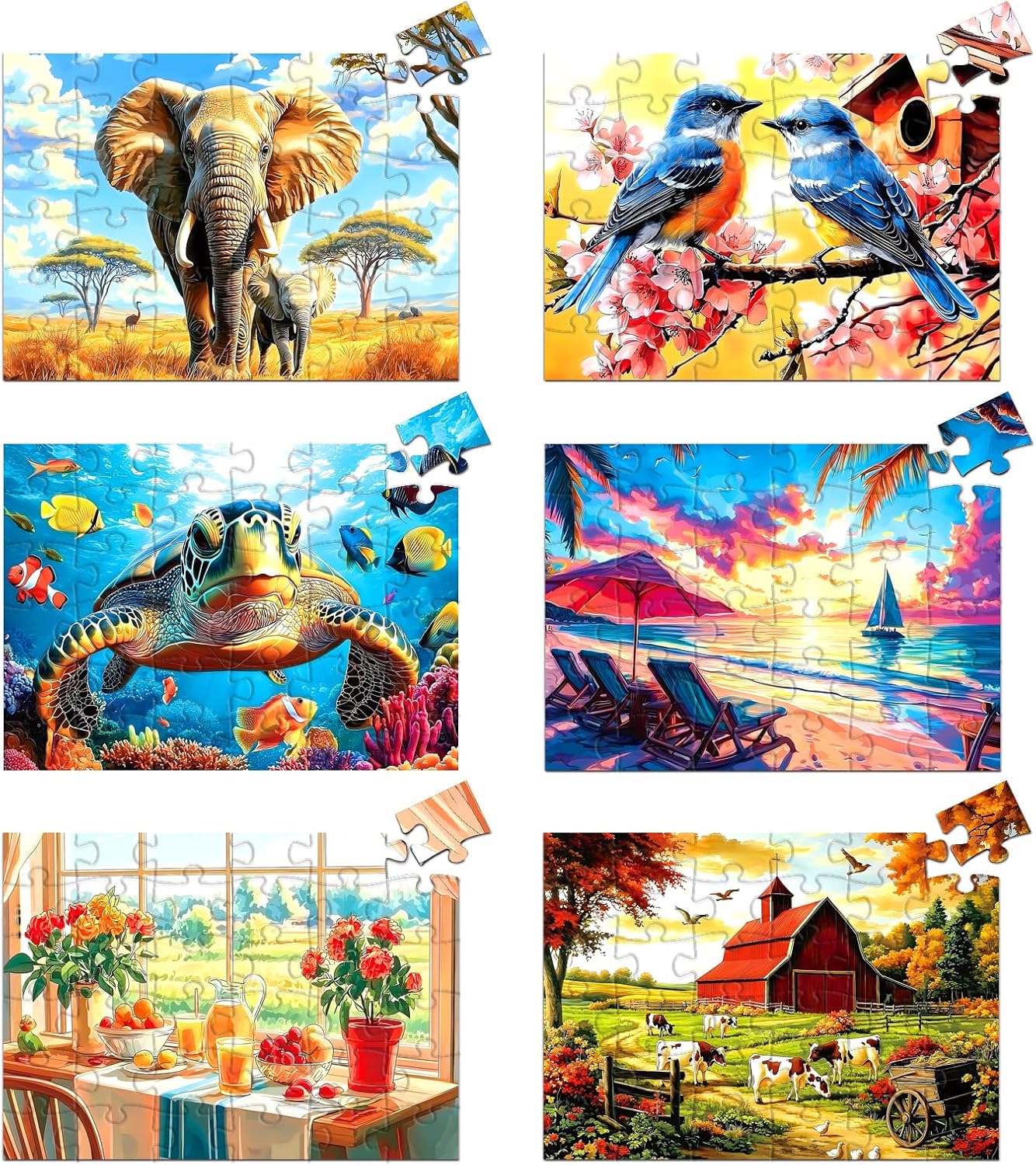 6 Pack Large Piece Puzzles for Seniors & Elderly Adults – 36 Piece Dementia & Alzheimer’s Friendly Scenic Jigsaw Puzzles, Featuring Farm, Elephant, Sea Turtle, Birds, Breakfast & Beach Designs