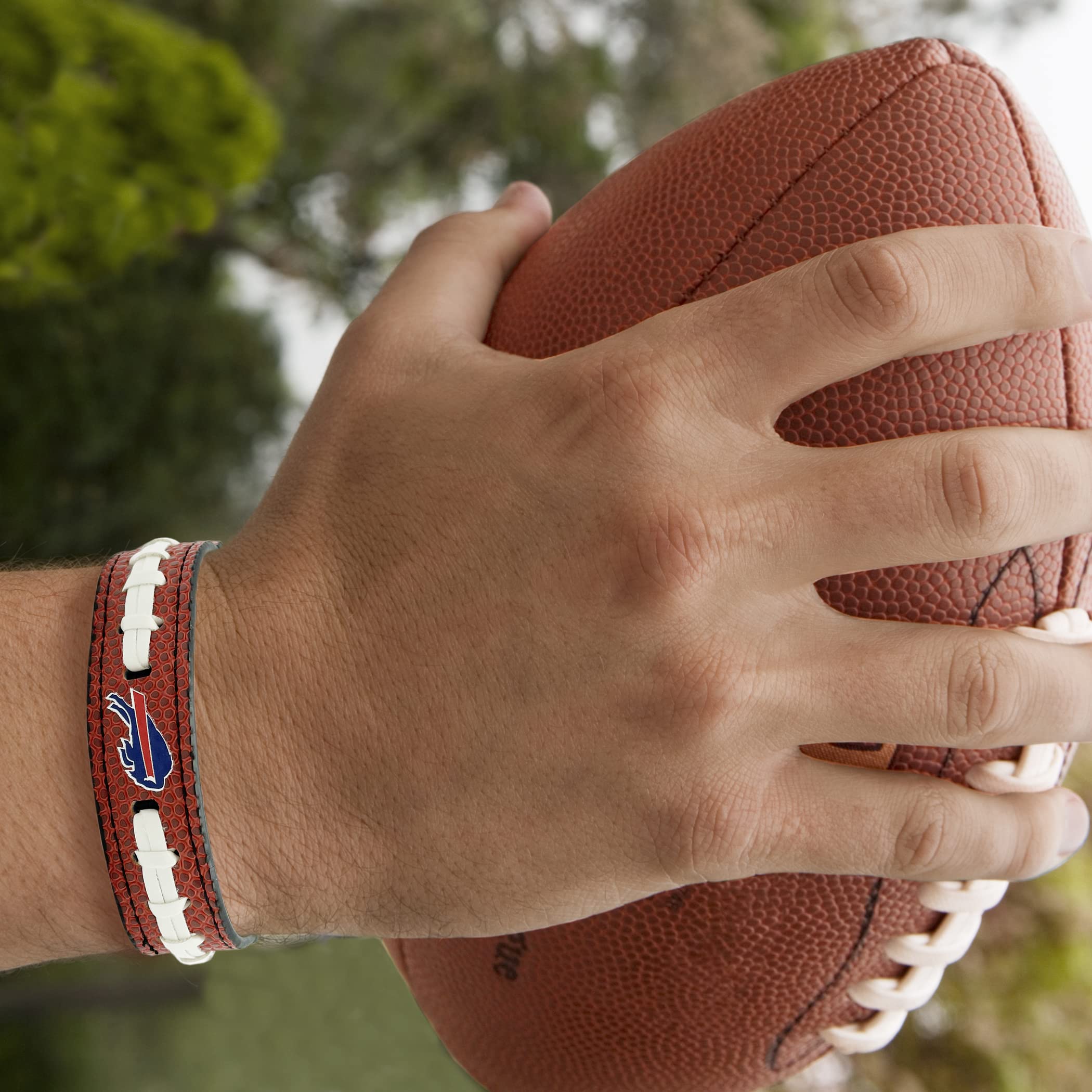 NFL Buffalo Bills Unisex Leather Football Bracelet Pebble-Grain & Football Stitches for Gift or Game Day Comfortable & Adjustable