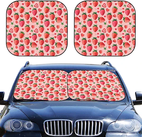 Pink Red Fruit Strawberry Print 2-Piece Car Windshield Sun Shade Foldable Front Window Sunshades Blocks UV Rays and Keeps Your Vehicle Cool for Most Sedans SUV Truck, Medium