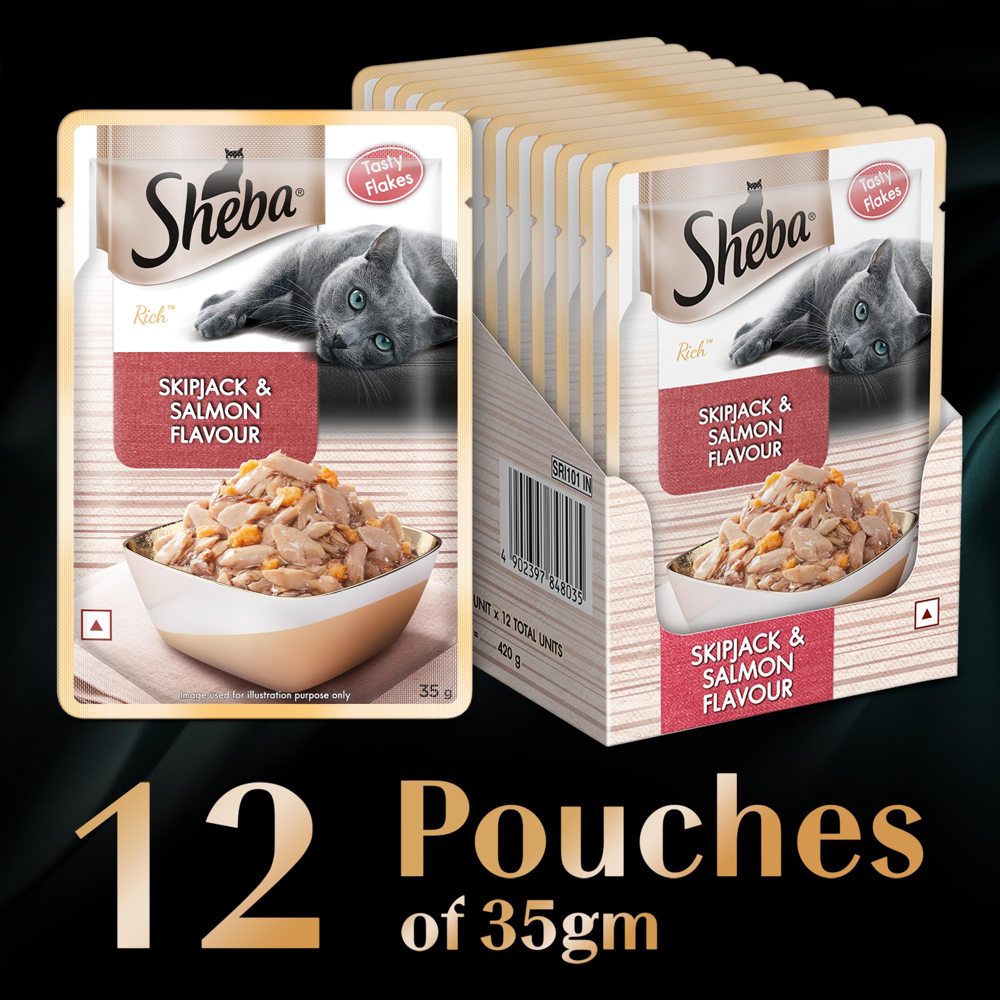 Sheba Rich Premium Adult (1+ Years) Wet Cat Food, Skipjack & Salmon Flavour, 35 g Pouch (Pack of 12), High-moisture wet food for healthy hydration
