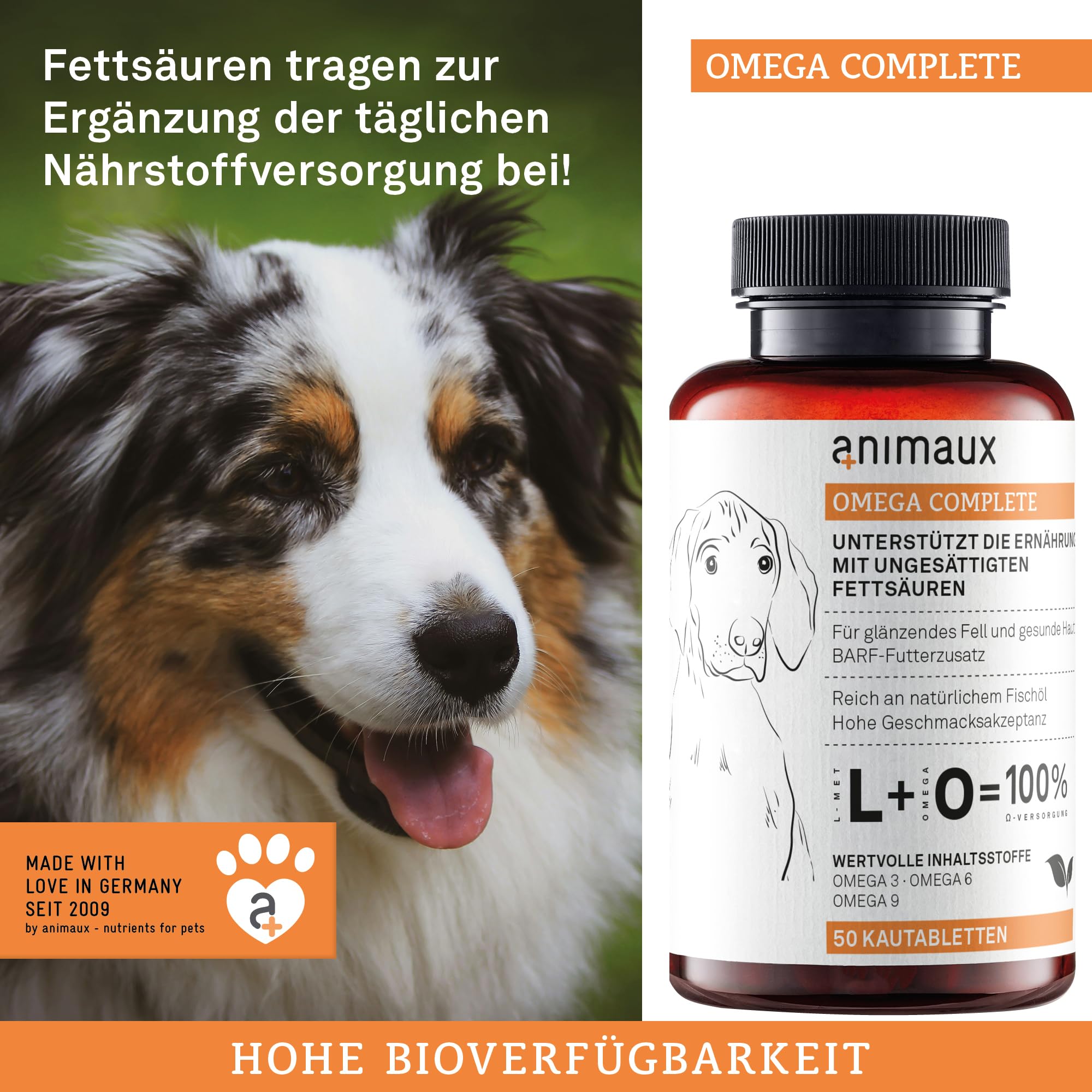 Omega 3-6-9 für Hunde – Immunsystem, Abwehrkräfte & Fell unterstützen | 50 Kautabletten mit essenziellen Fettsäuren für Stoffwechsel, Herz, Knochenaufbau, Haut & Fell | animaux Omega Complete
