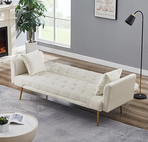 Miniatura 4 de Sofá cama futón de terciopelo de 72 pulgadas, sofá cama plegable convertible, moderno sofá biplaza reclinable copetudo con patas cromadas doradas