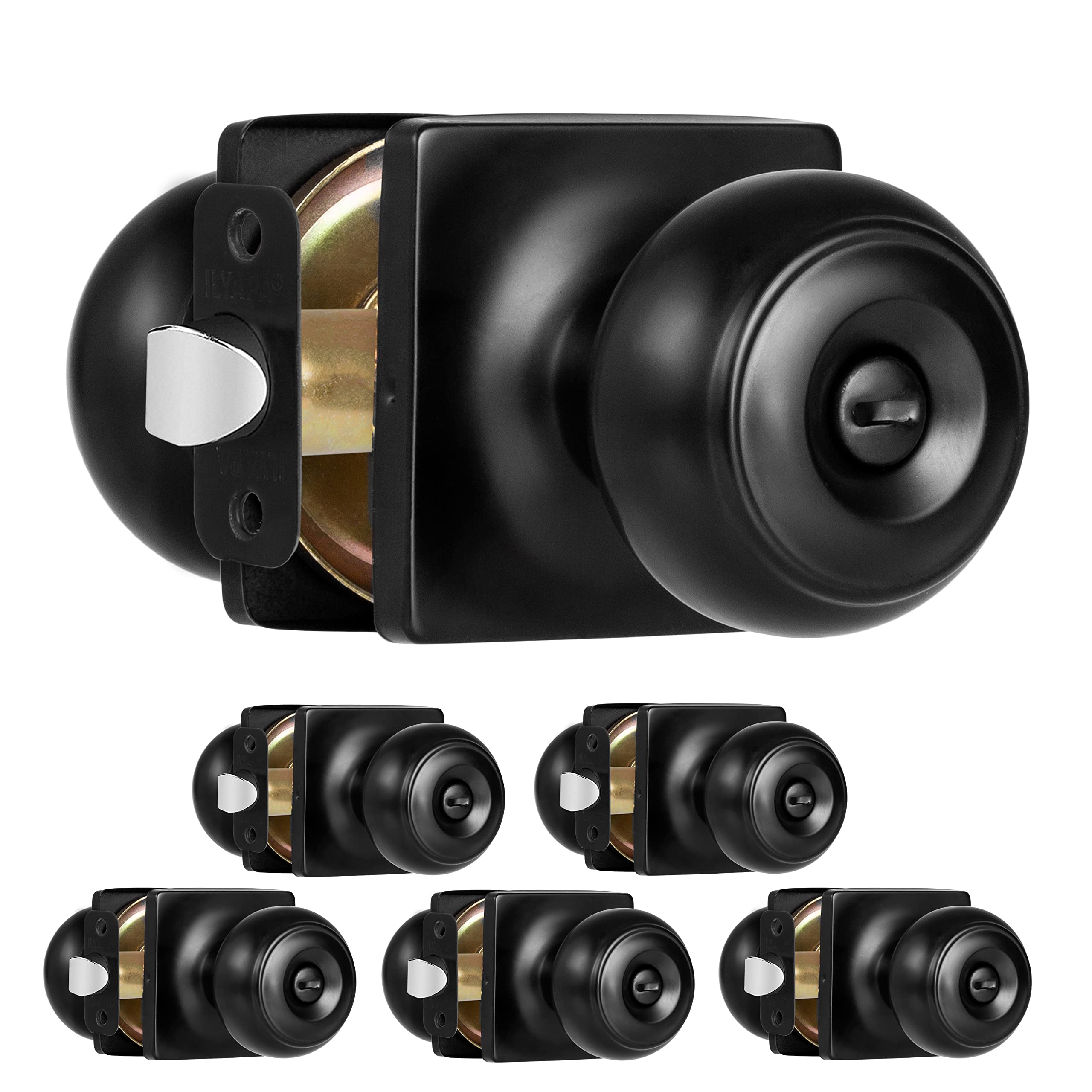 Ilyapa Privacy Door Knob, Black, 6 Pc, Zinc, Round, Keyless, Deadbolt, Brushed Finish, for Bed/Bath, Standard Door