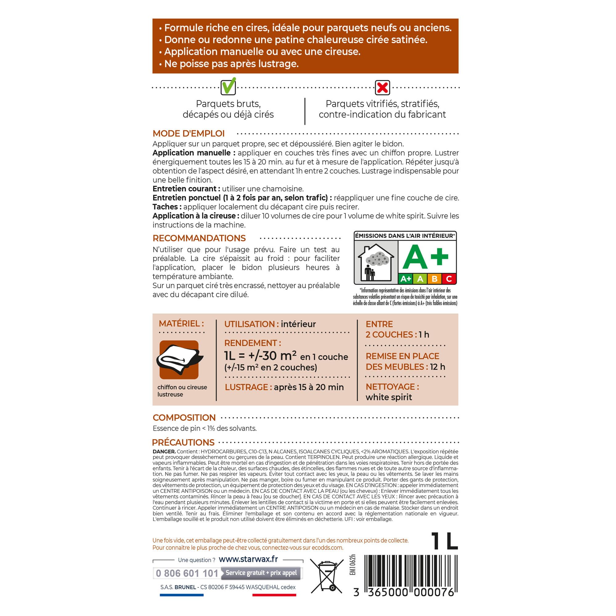 STARWAX Cire concentrée pour parquets cirés 1L, nourrit et embellit les parquets bruts et déjà cirés, finition satinée lumineuse, non glissant, rendement 30m²/L