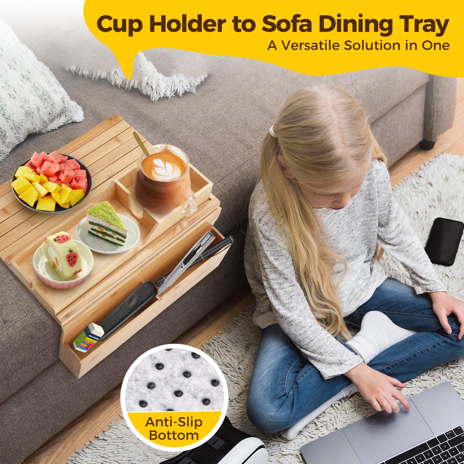 Towwoo Bandeja para Sofá de Bambú, Organizador de Reposabrazos para Sofa, Mesa Flexible con Clip para Brazo de Sofá, para Snacks, Bebidas, Teléfono, Control Remoto