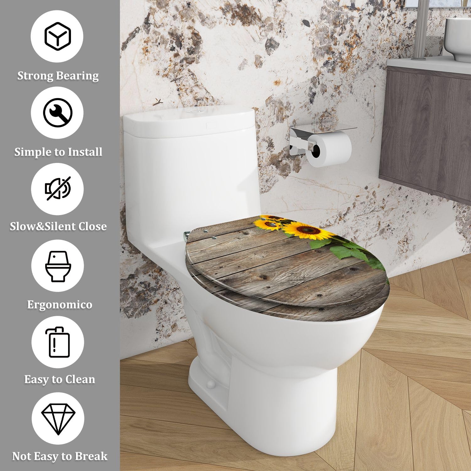 Copriwater Allungato Decorativo A Forma Di Girasole, In Resina Effetto Legno, con Chiusura Ammortizzata, Cerniere A Sgancio Rapido, Facile Da Pulire E Installare.