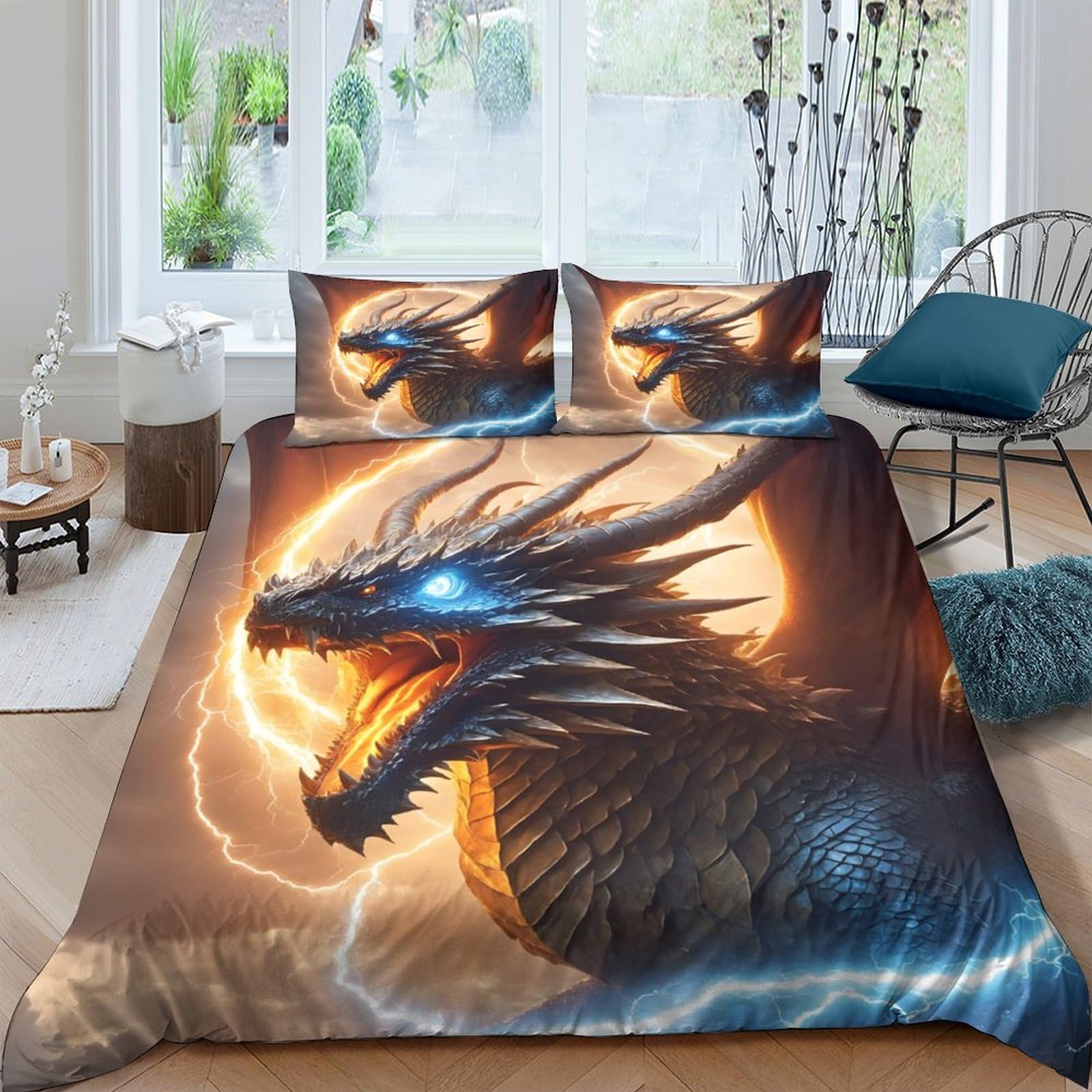 Ctjqhvkz Style-4 3D Printed Dark Dragon Fitted Sheet Microfiber Soft Breathable Lightning Fire Mattress Cover For Bedroom Dorm Decor Single（135X200cm）