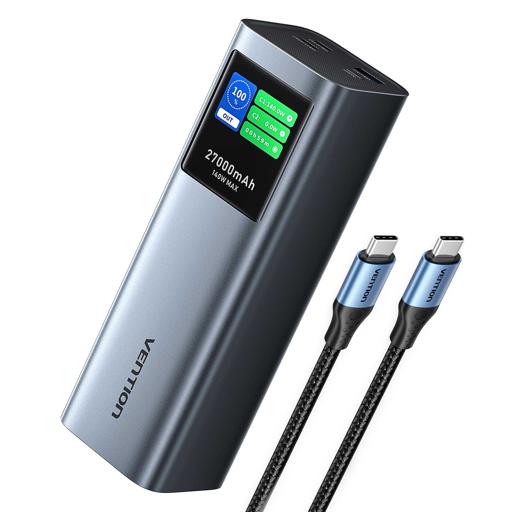 VENTION 27000 mAh 140W Power Bank Schnellladung Tragbarer 3-Fach Ladegerät mit Smart Digital Display, PD3.1 Kompatibel mit Dell, HP Laptops, MacBook Pro, iPhone 15/14/13, iPad Pro, Galaxy S24