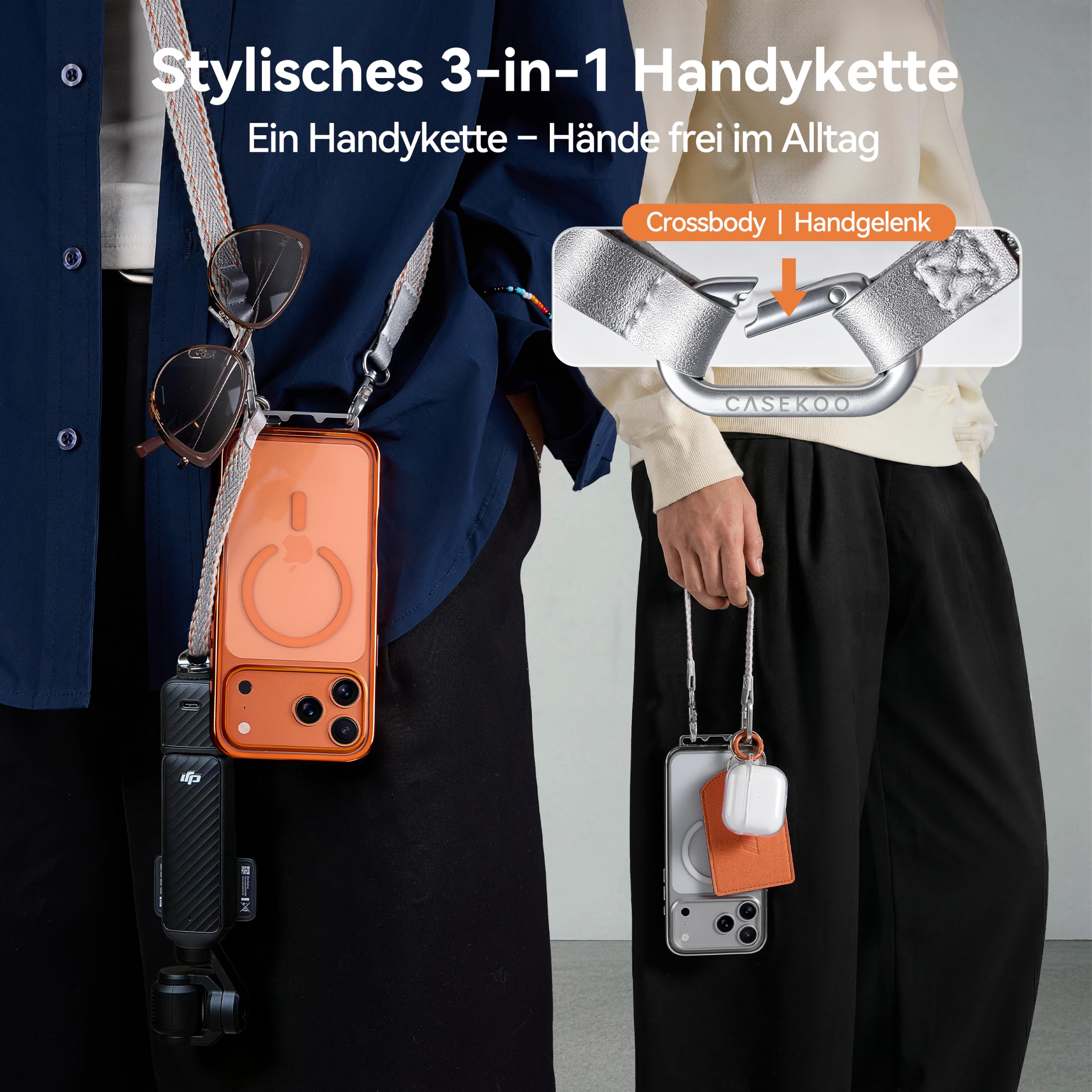 CASEKOO Linkoo iPhone 17 Pro Hülle mit Handykette Bundle, MagSafe Handyhülle mit ClipSafe Klapp-Clip + Luxury Handyband zum Umhängen, 3-in-1 Anti-Verlust Lanyard, Silber