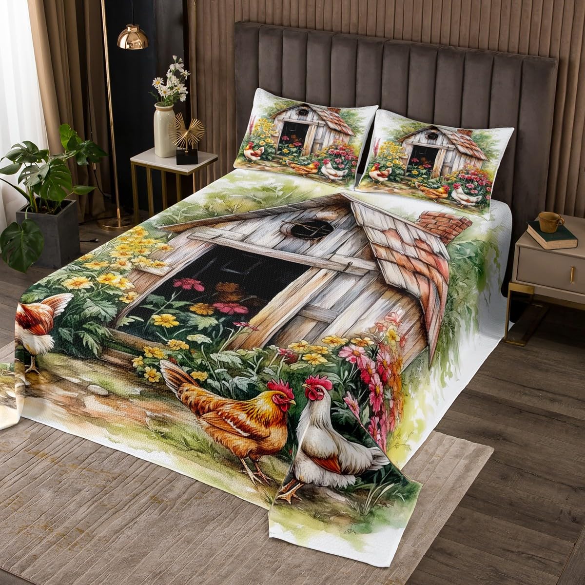 Manfei Rooster Kids Bedspread Twin Size,Chicken Wooden Cabin Daisy Flowers Coverlet Set,Boys Girls Room Decor,Farm Animal Rustic Livestock Quilted Coverlet,Green Brown Bedding Quilt,1 Pillowcase
