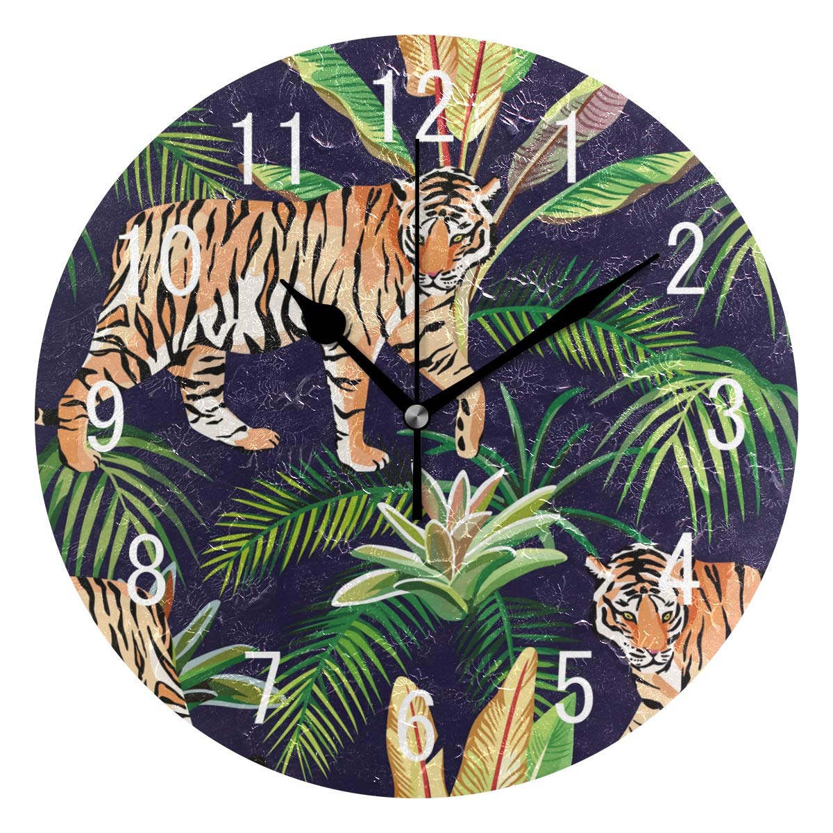 Domoko Home Decor Tropical Tiger in the Jungle Cactus Round Acrylic Wall Clock Non Ticking Silent Clock Art for Living Room Kitchen Bedroom