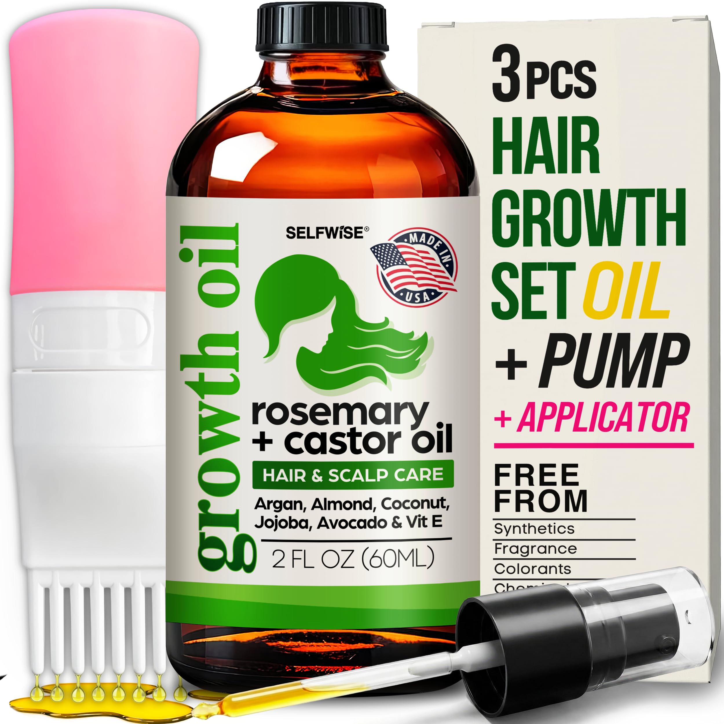Organic Rosemary Oil For Hair Growth + Applicator with Castor, Argan, Coconut, Almond, Jojoba, Avocado, Vitamin E & Peppermint for Hair & Scalp Treatment, All Hair Types, Men & Women 2oz