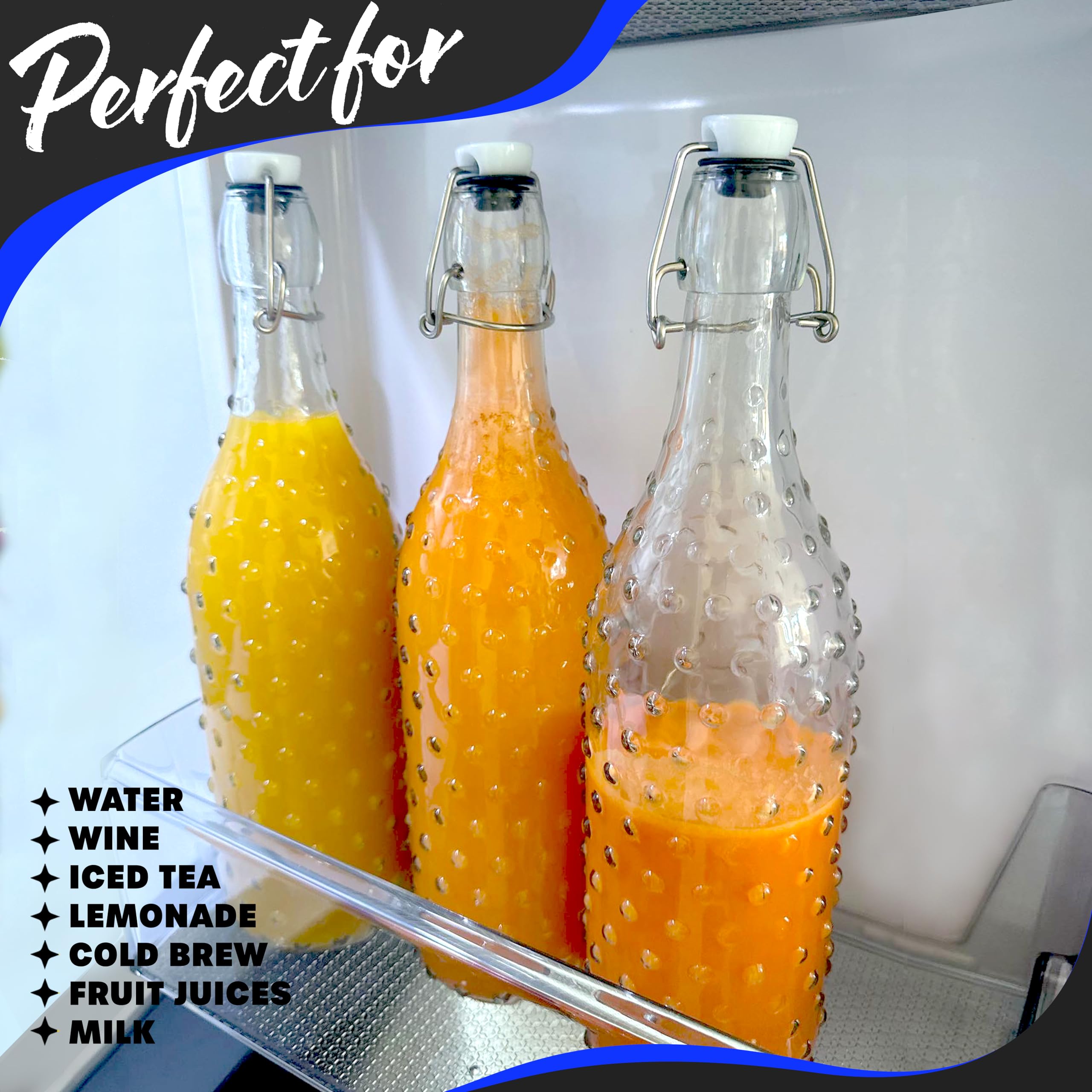 Nevlers Paquete de 6 botellas de vidrio con tapa abatible de 33 onzas | Botellas de vidrio transparentes de 1 litro con tapas, embudo y cepillo | Botellas de vino decorativas para hacer vino | Juego