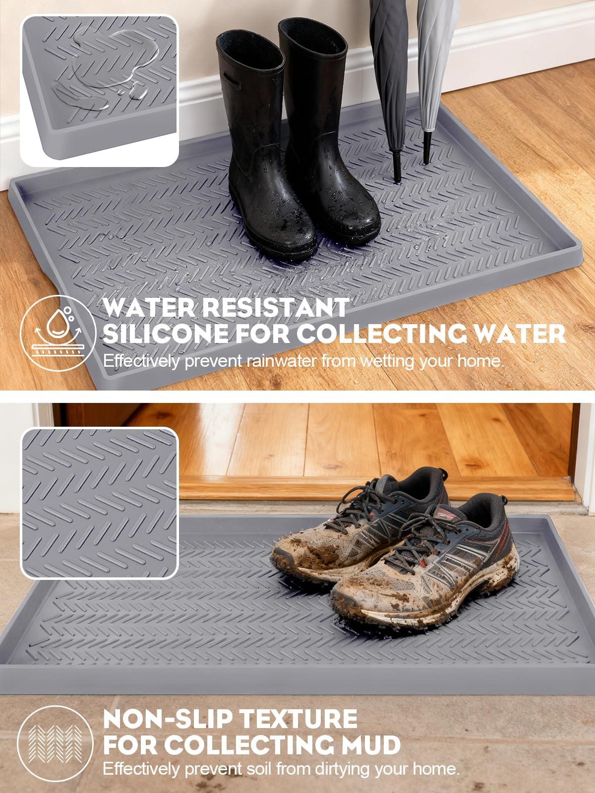Kalolary Bandeja extragrande para maletero de entrada, de silicona, para uso en interiores y exteriores, antideslizante, para zapatos sucios y húmedos, impermeable, para puerta delantera, patio — view 6