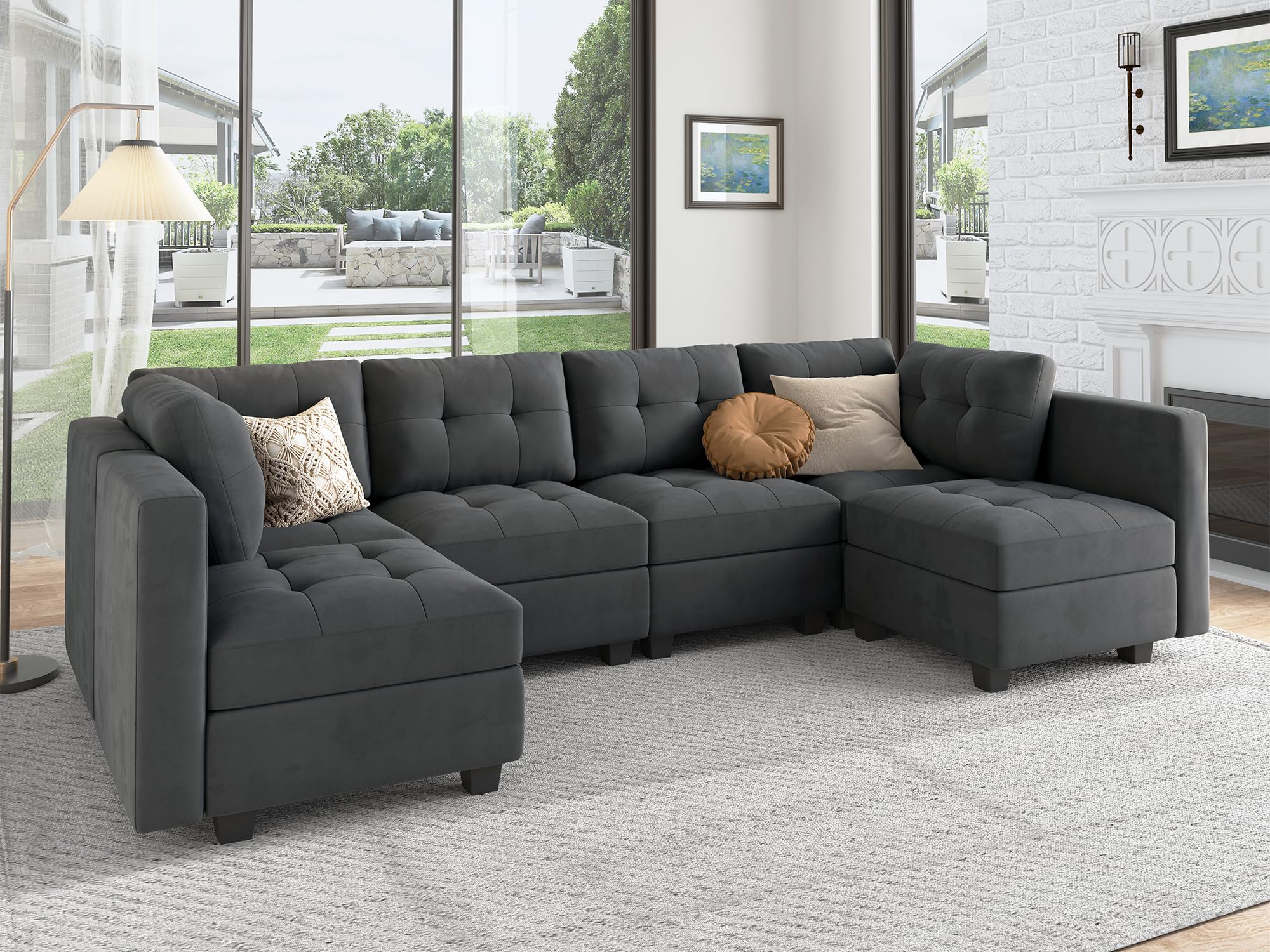 HONBAY Modular Sectional Sofa Velvet U Shaped Couch with Reversible Chaises 6 Seater Sectional Sofa with Storage Seat, Bluish Grey