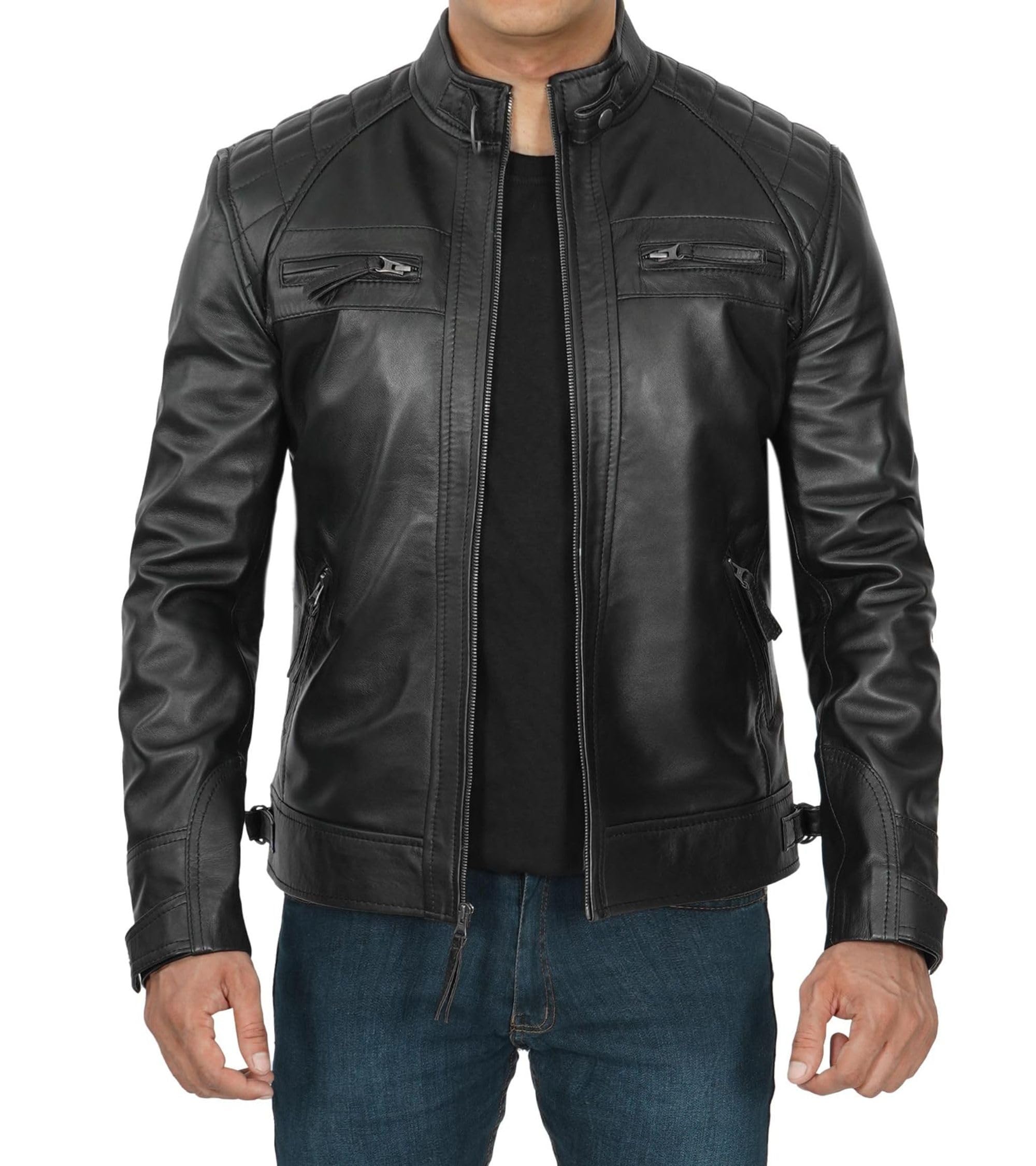 Decrum Mens Leather Jacket - Real Lambskin Cafe Racer Motorcycle Style Leather Jackets for Men