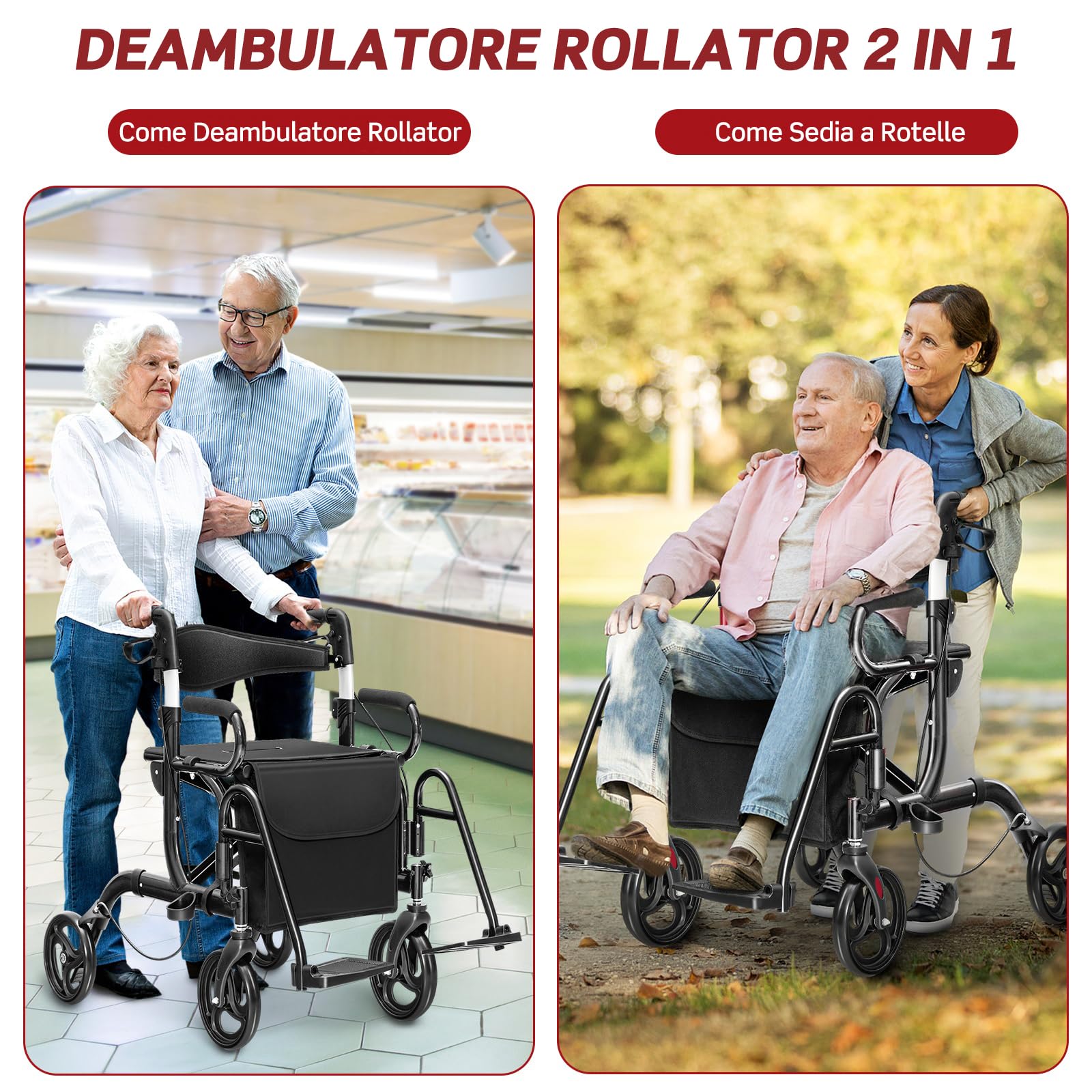RELAX4LIFE 2 in 1 Deambulatore per Anziani, Sedia a Rotelle, Deambulatore con Seduta e 4 Ruote, Rollator Pieghevole in Alluminio Leggero, Portata Massima 160KG (Nero, 105 x 63 x 87-99 cm)