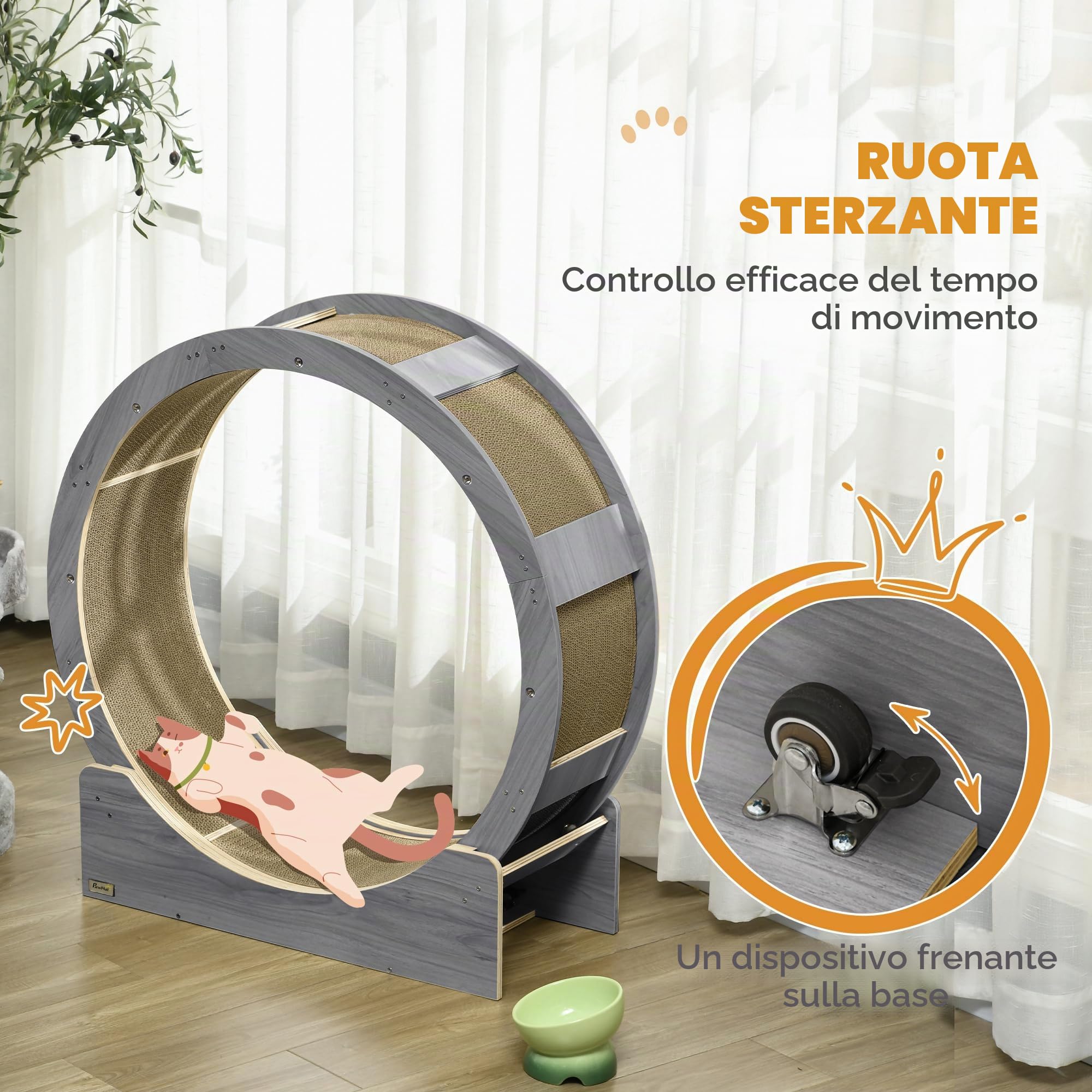 PawHut Ruota esercizio per gatti con freno 91 cm diametro Grigio | Ruota esercizio gatti, pista corsa, tavola graffio, perdita peso salute