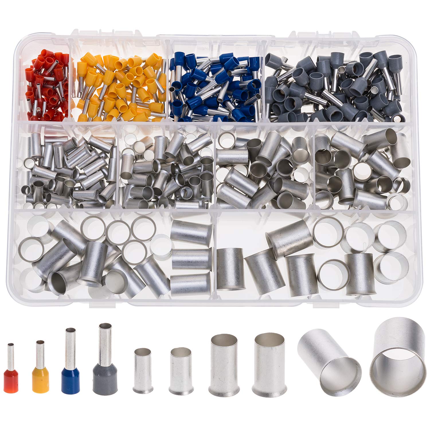 10-Sizes 16 14 12 10 8 6 4 2 1/0 2/0 Gauge Copper Wire Ferrules Assortment Kit Matte Tin Plating Pin Ferrules(390PCS KIT)