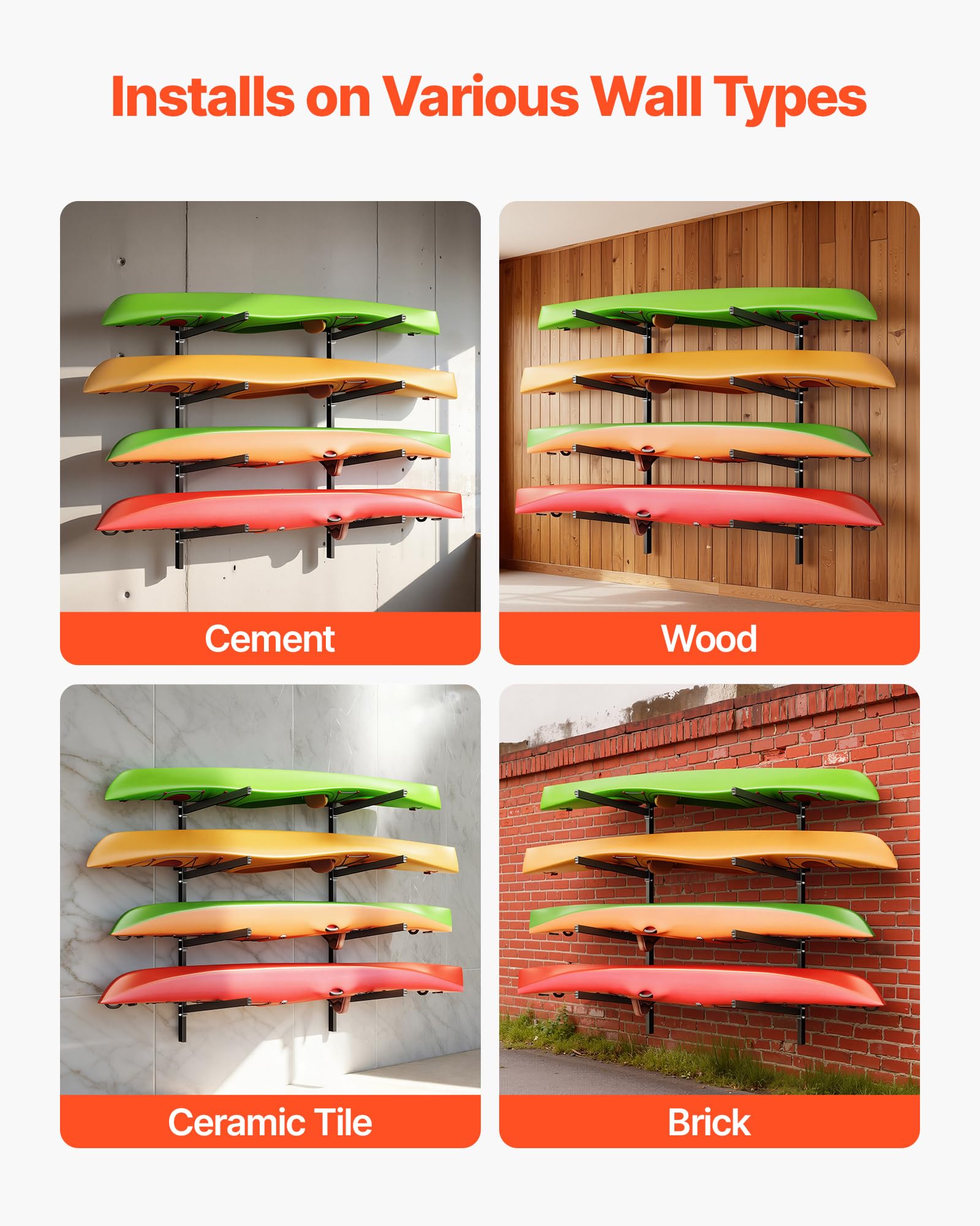 VEVOR Kajak-Aufbewahrungsregal Wandhalterung für 4 Kajaks/Kanus/Surfbretter/Paddleboards/Kleine Boote, Kajakständer mit 136 kg Tragkraft, Einstellbarer Kajakhalterung Lagergestell für Garage Steg