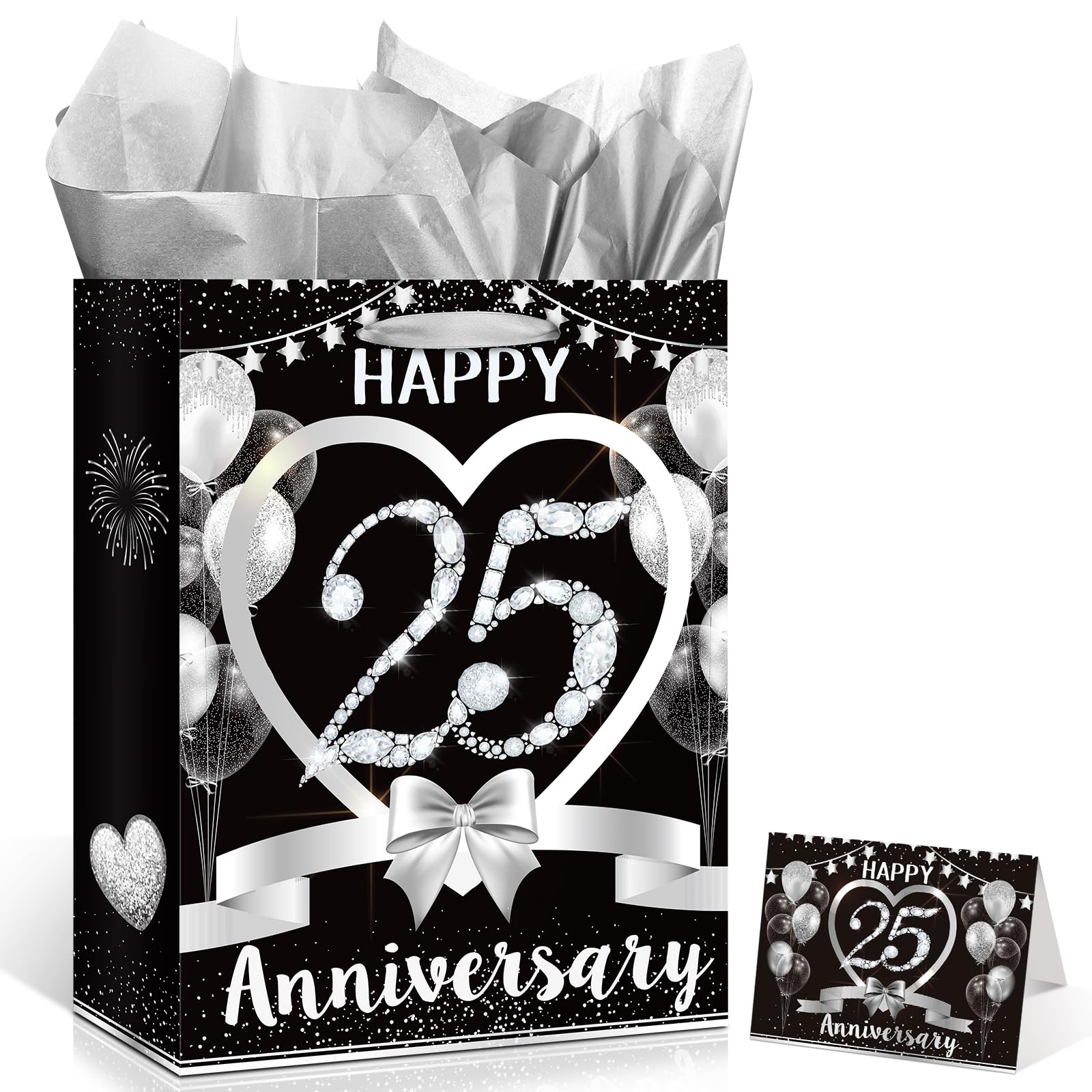 Black Silver 25th Anniversary Party Gift Bag with Tissue Papers and Card 25th Anniversary Party Gift Wrapping Bag for 25 Years Old Silver Wedding Party Decor Supplies