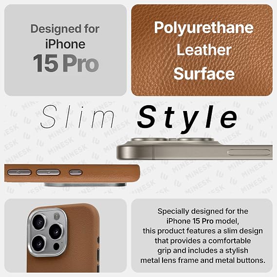 Hybrid Silicone Case with Metal Keys and Metal Lens Frame with Unscratched and Fingerprint-Free Leather Look Compatible with MagSafe for Minesk iPhone 15 Pro Max (Taba, 15 Pro Max)