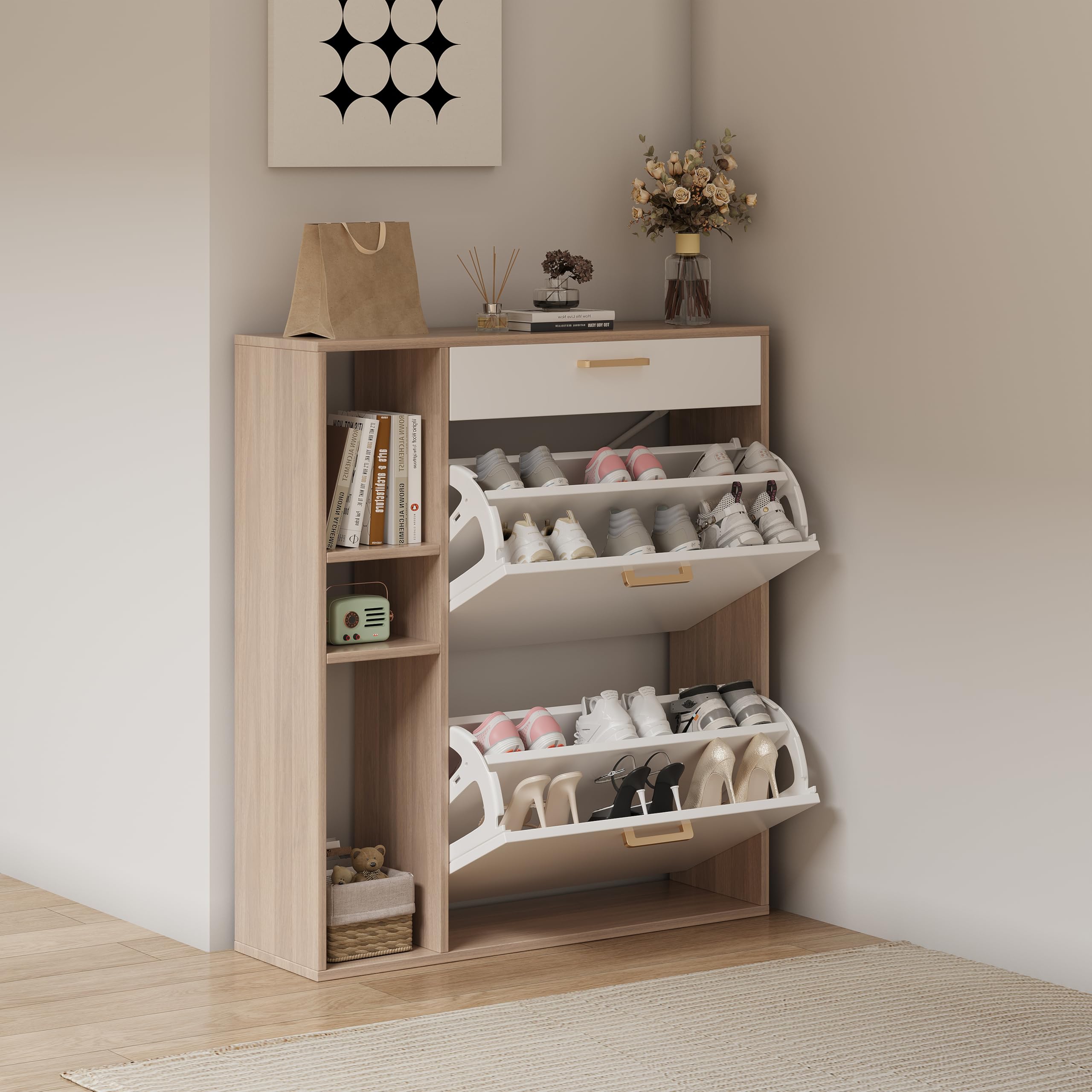 Zapatero 2 Puertas Estrecho Mueble Zapatero con 1 cajón y 3 Compartimentos de Almacenamiento para 12-16 Pares de Zapatos，para Sala de Estar, Pasillo de Entrada, 80x24x90cm Blanco