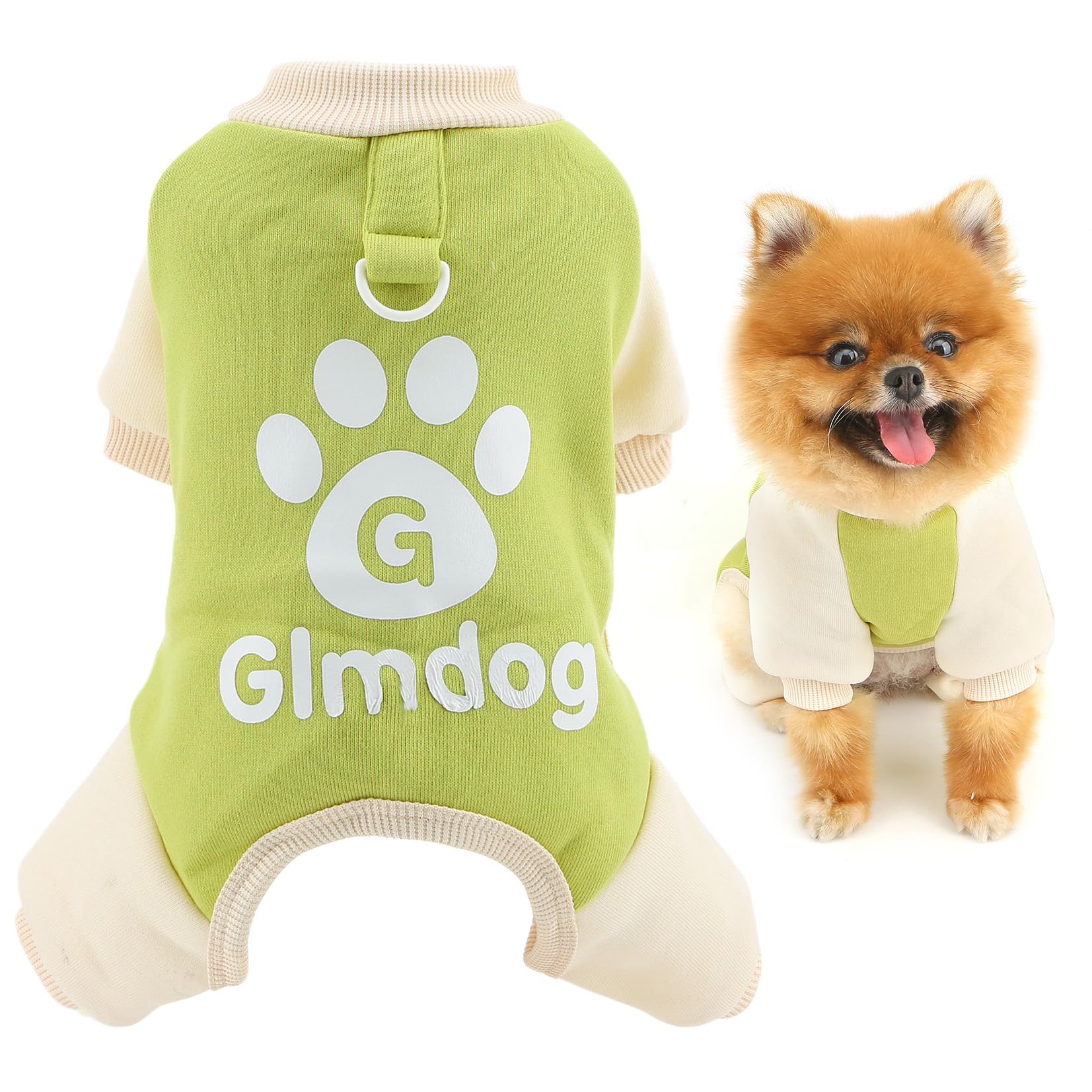 SMALLLEE_LUCKY_STORE Fleece Lined Dog Pyjamas for Xsmall Small Dogs Warm Puppy Jumpsuit with D-Ring Cute Paw Four-Leg Pullover Pjs Cozy Soft Winter Fall Pajamas Pet Chihuahua Yorkie Clothes Green L