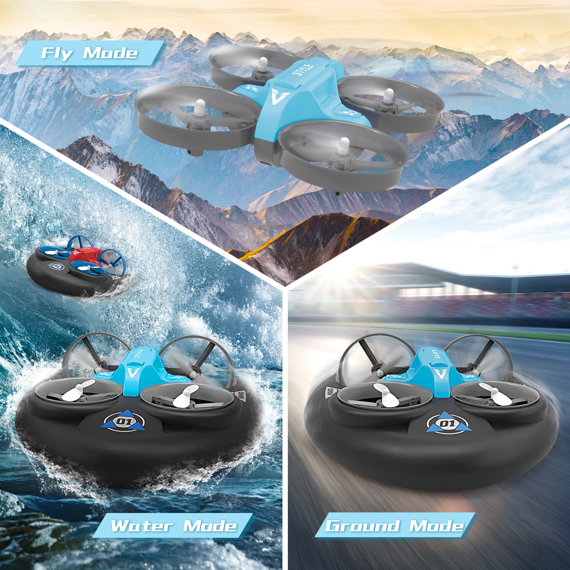 3 in 1 Multifunction Sea Land Air Boys Toys, RC Boat for Kids 6-8-12 Years Old, 2.4 GHz RC Mini Kids Drone, RC Car Toys for Kids, Swimming Water Pool Toys Gifts for Boys 8+ Years Old