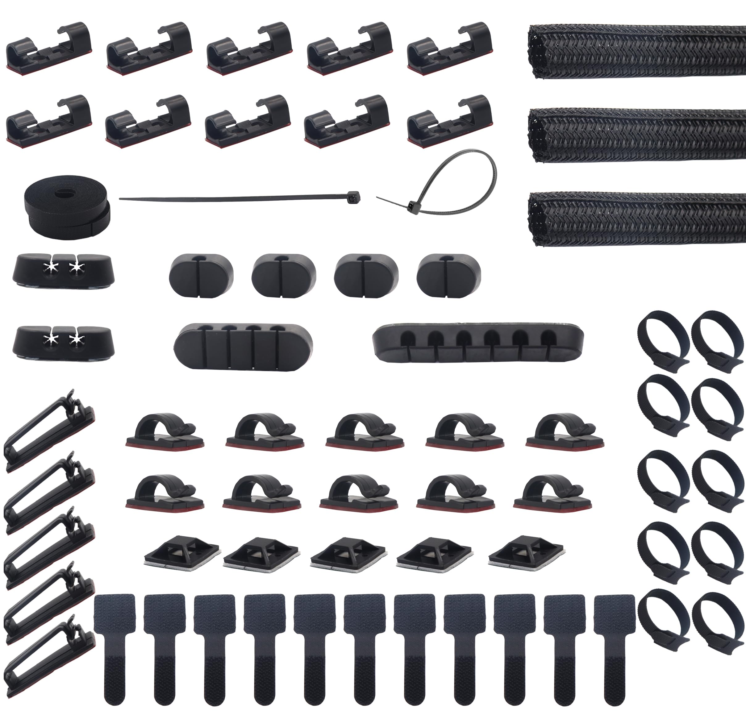 Cable Management Organizer Kit 4 Cable Sleeve Split,53 Cable Clips 12Cord Clips Holder,22 Cable Ties, 20 Adhesive Wall Cable Tie, 200 Fasten Cable Ties for TV Office Home Electronics