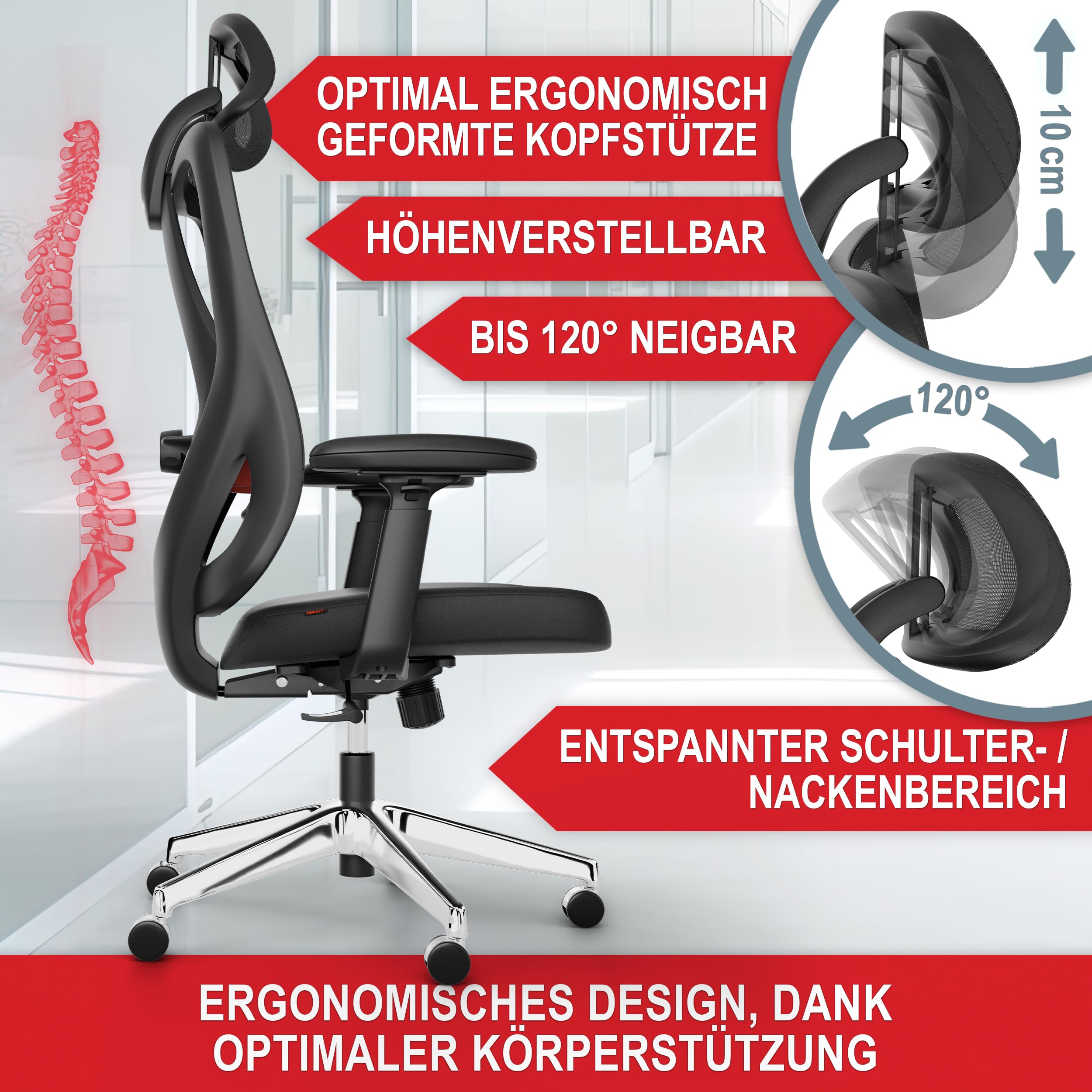 Onbest Bürostuhl ergonomisch – Mesh-Stuhl mit Lordosenstütze | Homeoffice- und Büro-Drehstuhl mit Kopfstütze, Armlehnen, breiter Sitzfläche, leisen Rollen und bis 150 kg belastbar