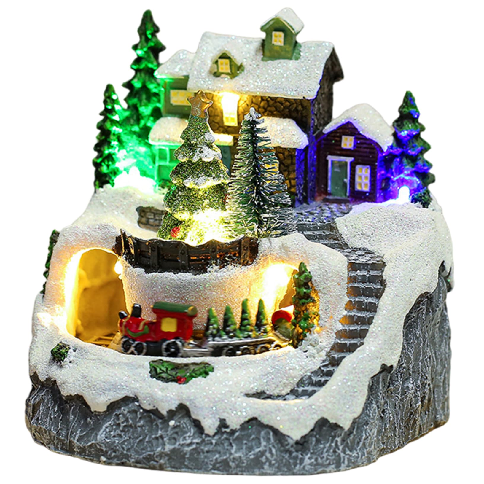 Nassmosse 1Pc Christmas Village Houses Led Lighted Musical Snow Christmas Houses With Train And Trees For Winter Xmas Holiday Tabletop Mantel