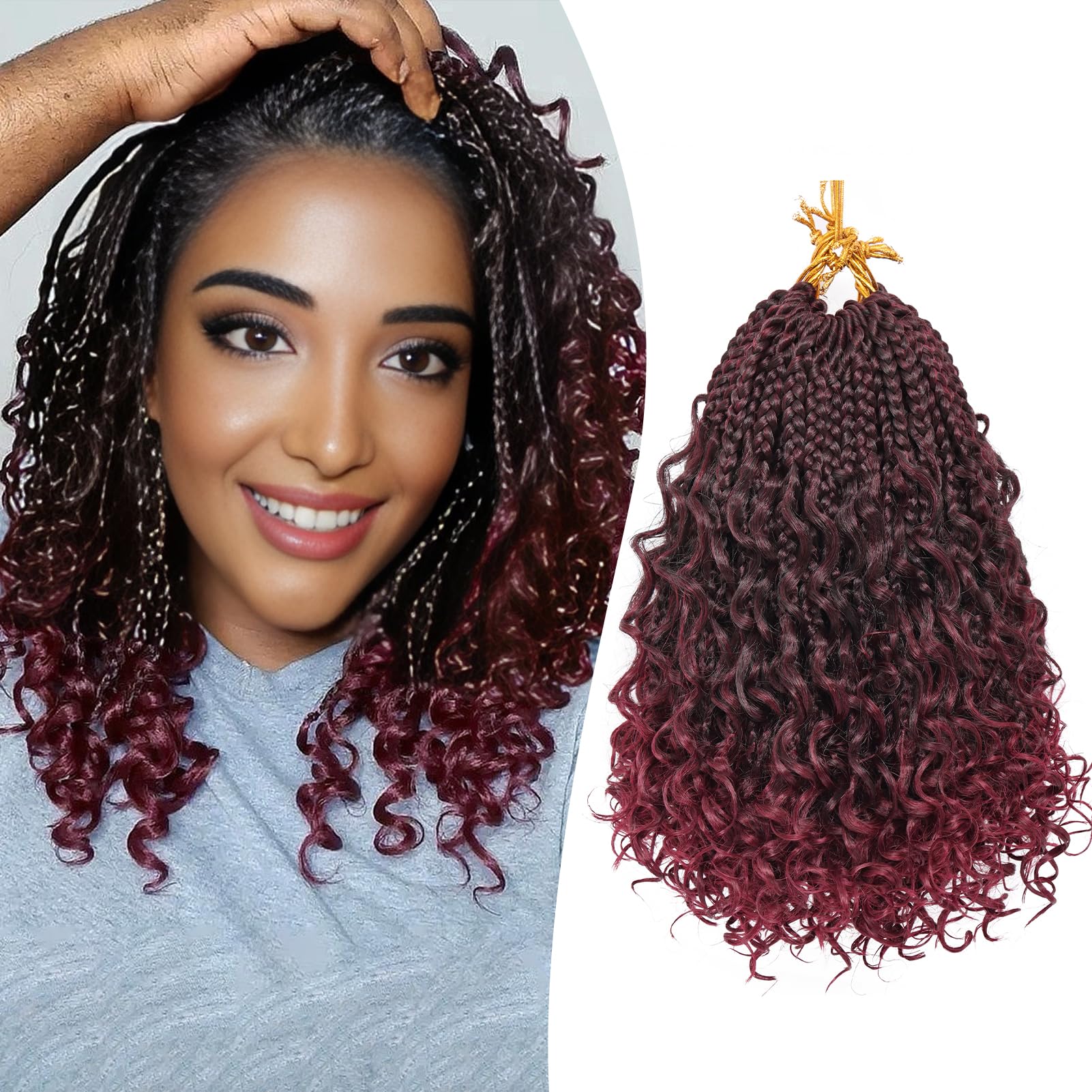 Boho Box Braids Crochet Hair for Women 10 Inch 7 Packs Ombre Goddess Box Braids with Curly Ends 3X Short Bob Crochet Braids for Kids Burgundy