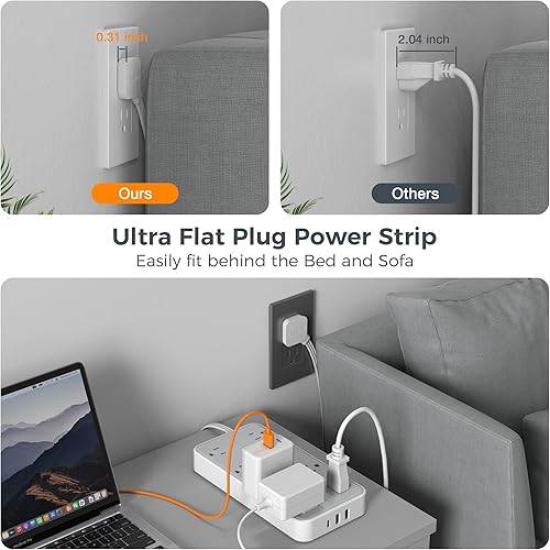 Miniatura 5 de TESSAN - Protector de sobretensiones de 10 pies, cable de extensión de enchufe plano TESSAN con 8 tomas, 3 puertos USB (1 USB C), estación de carga