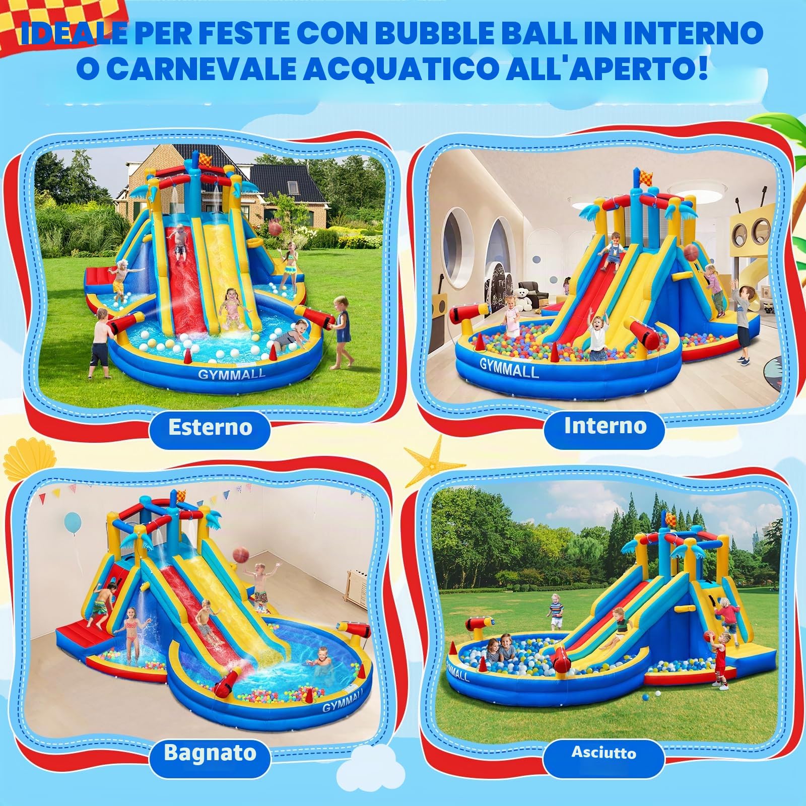 Castello Gonfiabile scivolo acquatico ventilatore 550W, centro gioco acquatico gonfiabile piscina interno esterno doppio scivolo parete arrampicata canestro giardino cortile